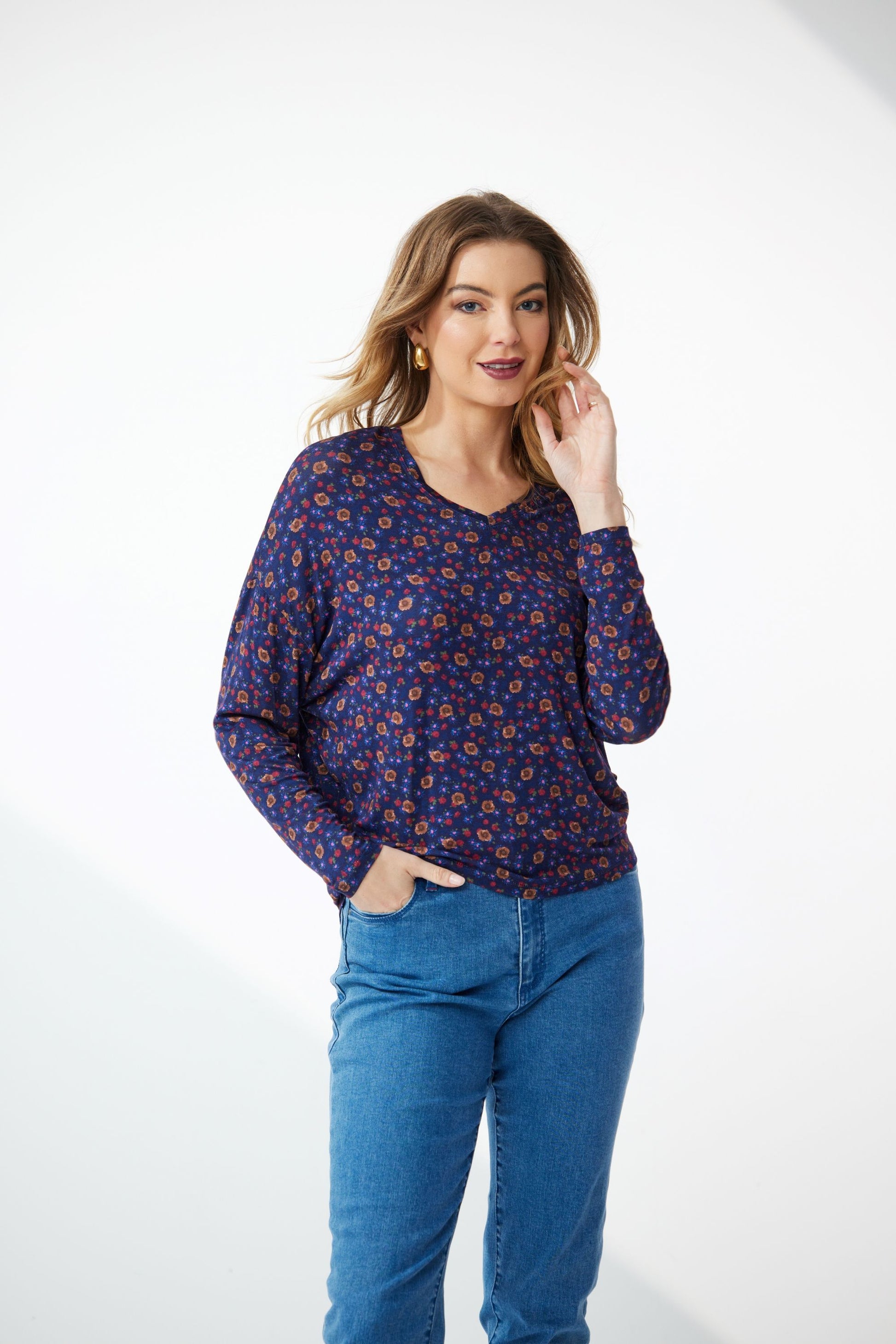 NEWPORT AMARA V NECK TOP - NAVY FLORAL - THE VOGUE STORE