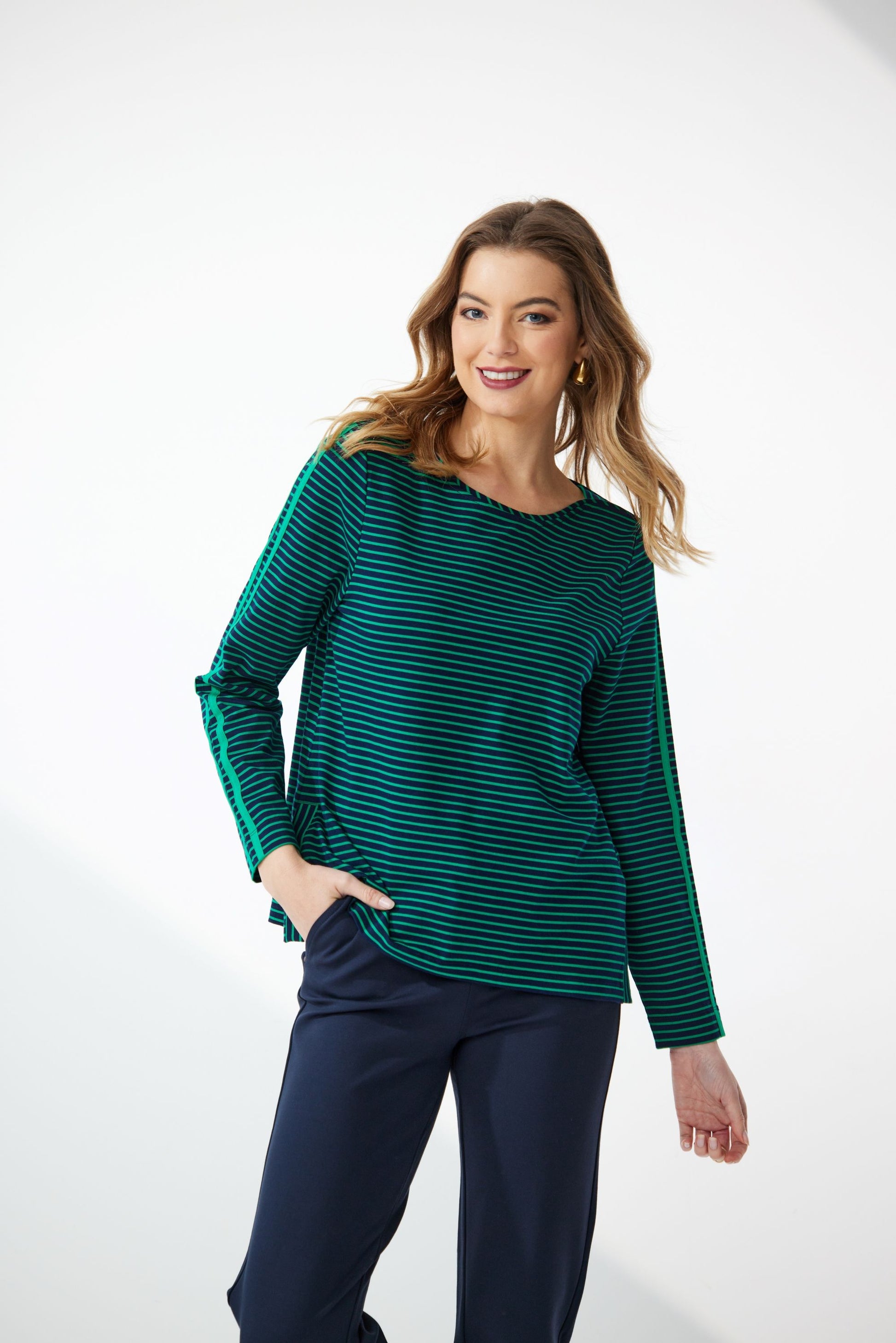 NEWPORT MONICA STRIPE TOP - NAVY/GREEN STRIPE - THE VOGUE STORE