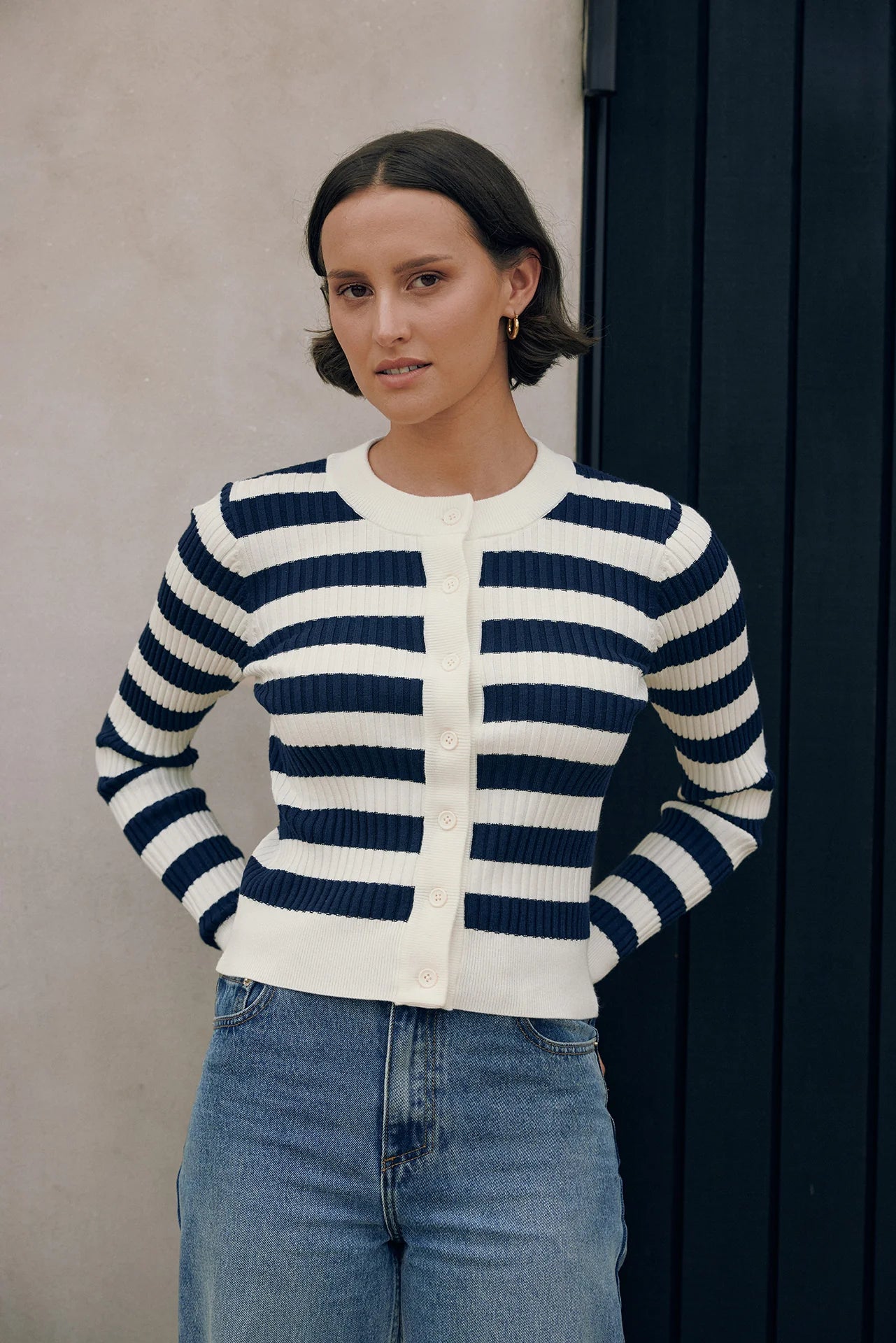 HUFFER CLASSIC STRIPE KNIT CARDI - CHALK/NAVY - THE VOGUE STORE