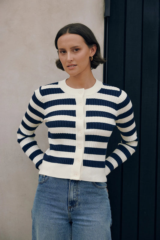 HUFFER CLASSIC STRIPE KNIT CARDI - CHALK/NAVY - THE VOGUE STORE