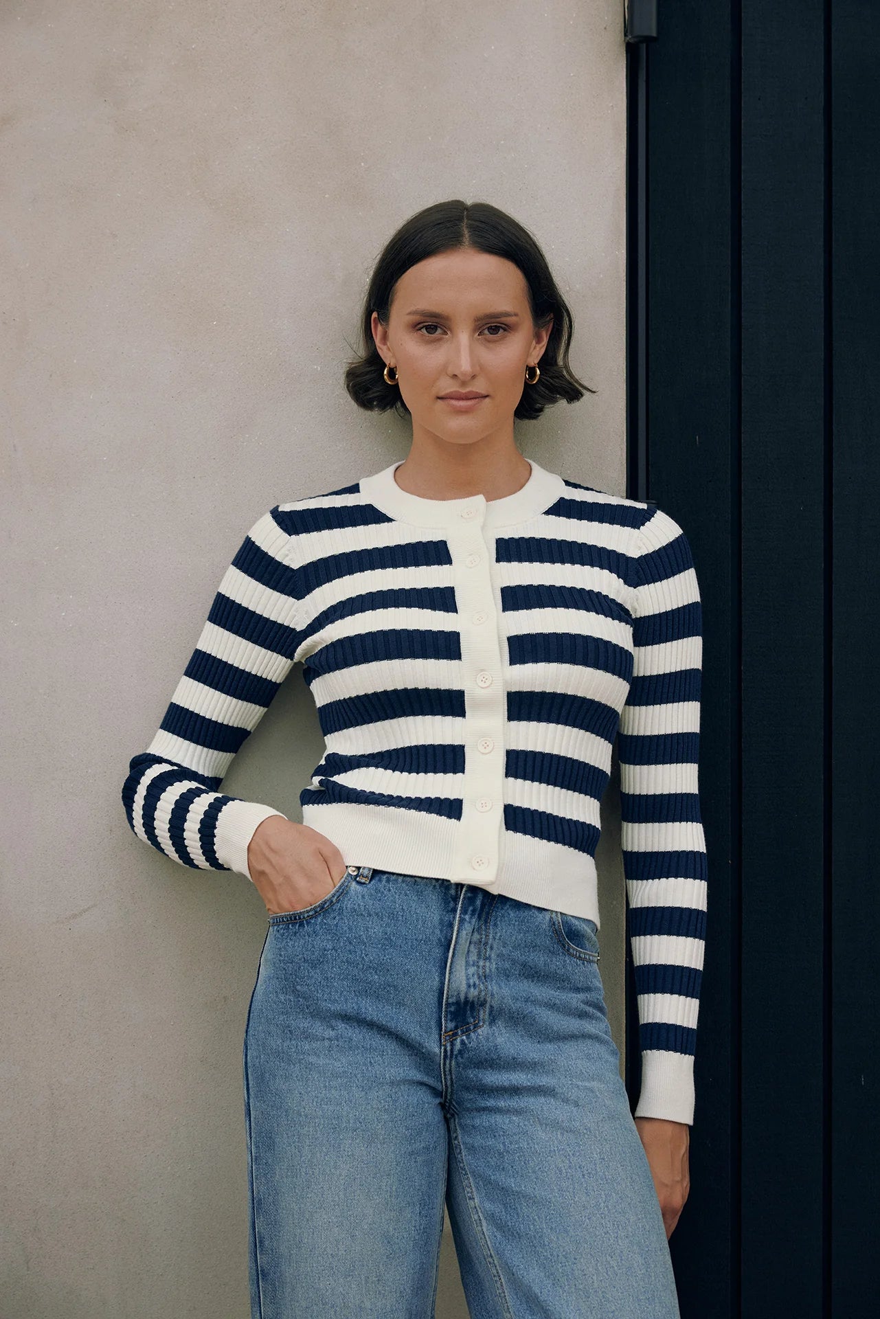 HUFFER CLASSIC STRIPE KNIT CARDI - CHALK/NAVY - THE VOGUE STORE