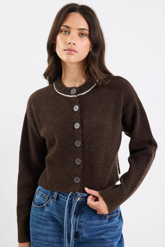 STORIES BE TOLD HABITUAL CHOCOLATE CREWNECK CARDIGAN - THE VOGUE STORE