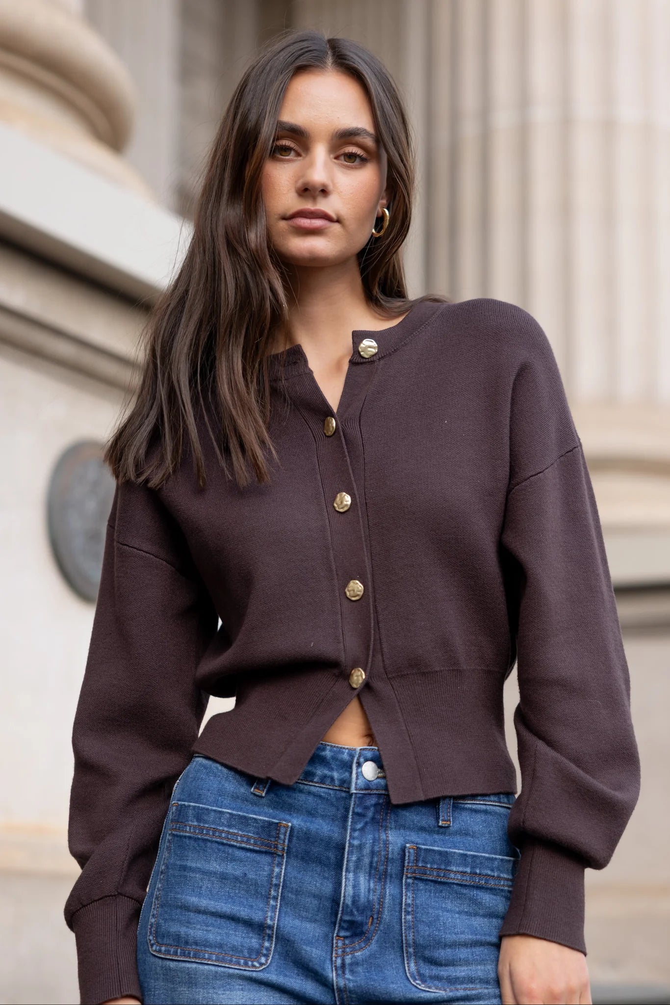 IVY + JACK HALLMARK CHOCOLATE CREWNECK CARDIGAN - THE VOGUE STORE