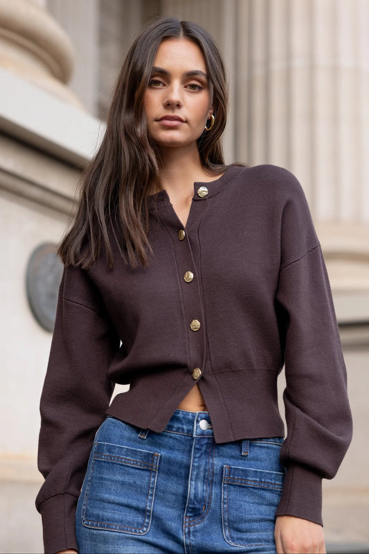 IVY + JACK HALLMARK CHOCOLATE CREWNECK CARDIGAN - THE VOGUE STORE