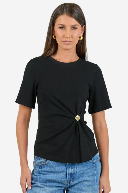 STORIES BE TOLD HELM BLACK WAIST BUCKLE SHORT SLEEVE TEE - THE VOGUE STORE