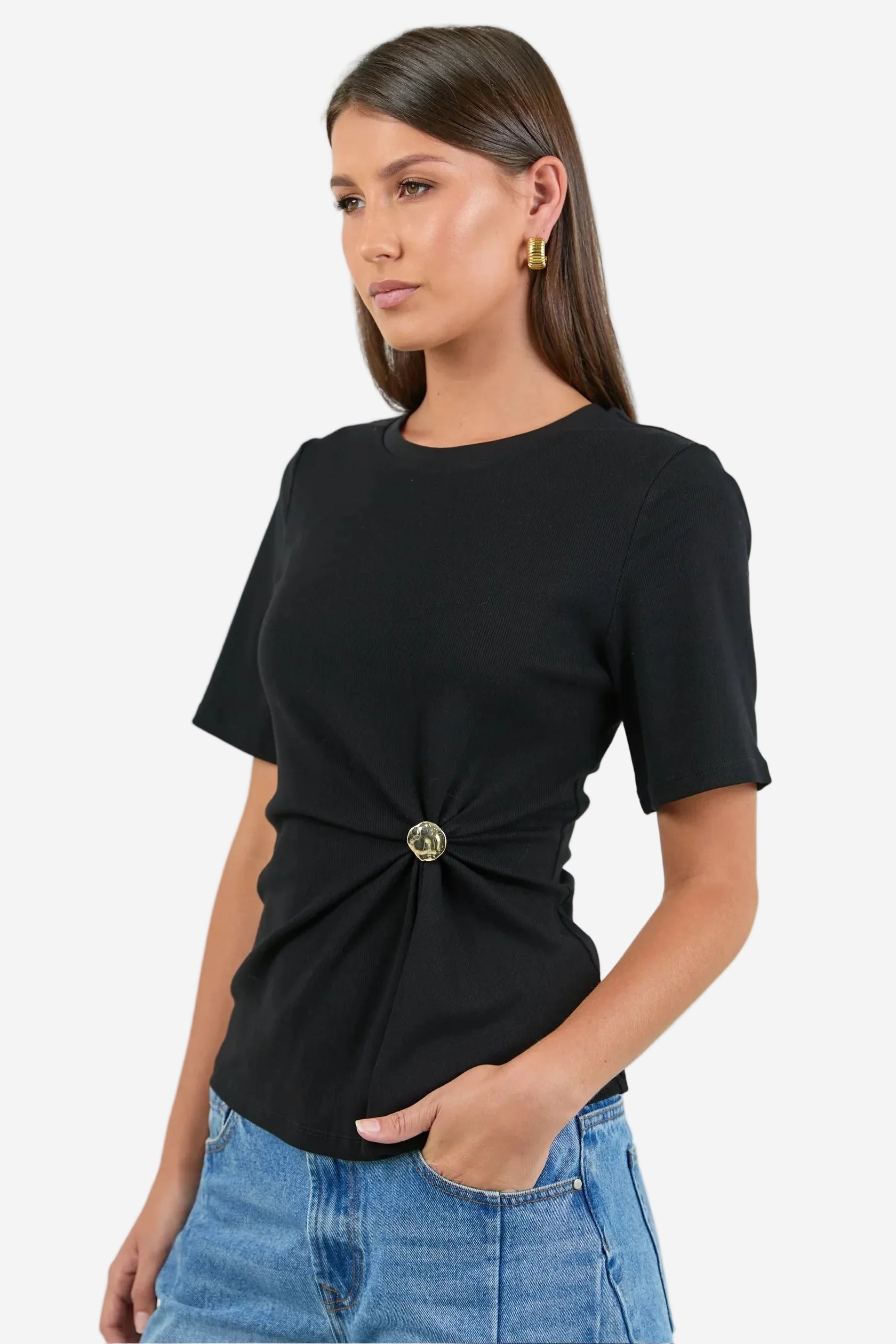 STORIES BE TOLD HELM BLACK WAIST BUCKLE SHORT SLEEVE TEE - THE VOGUE STORE