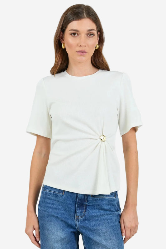 STORIES TO BE TOLD HELM WHITE WAIST BUCKLED SHORT SLEEVE TEE - THE VOGUE STORE