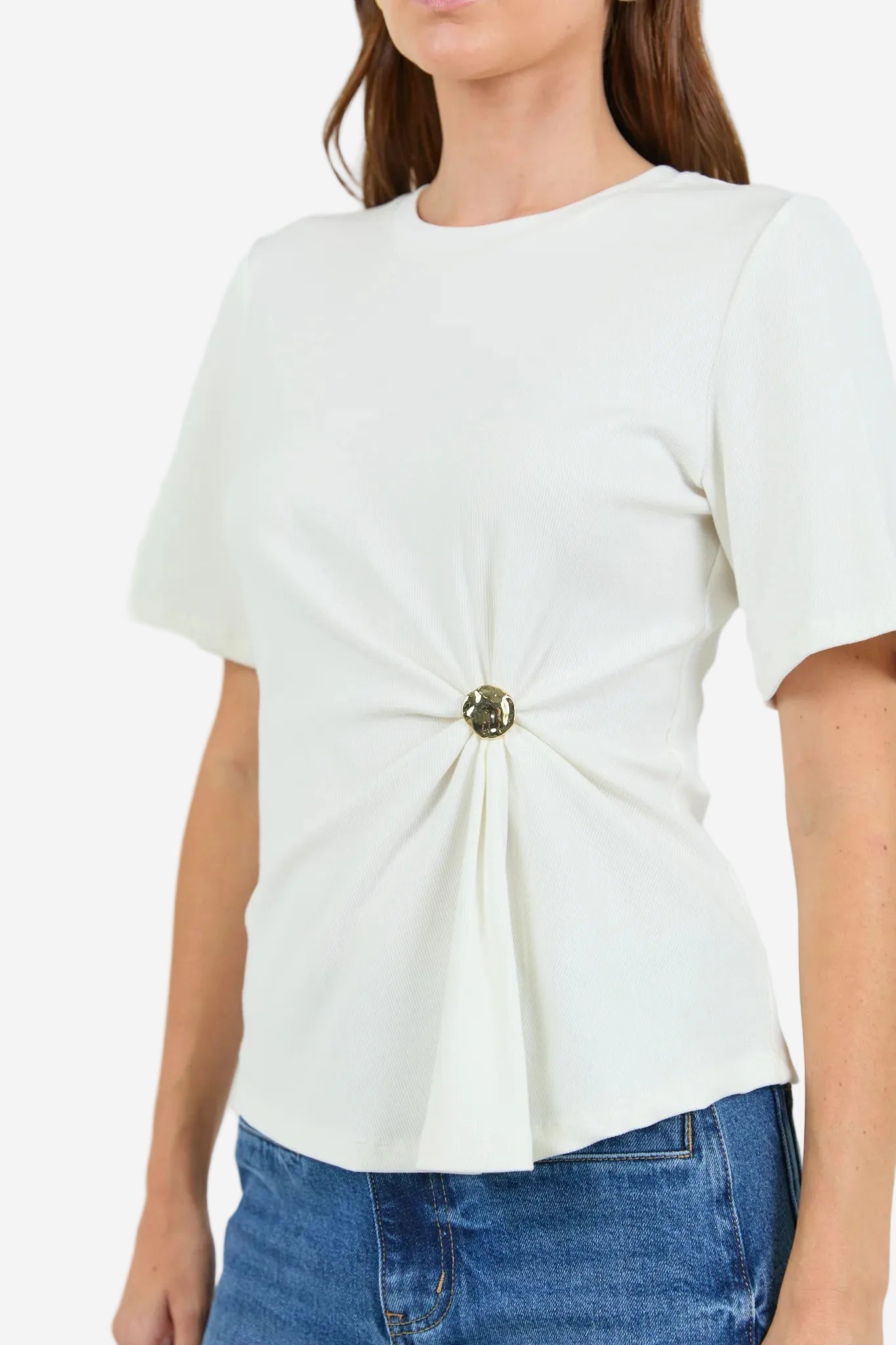 STORIES TO BE TOLD HELM WHITE WAIST BUCKLED SHORT SLEEVE TEE - THE VOGUE STORE