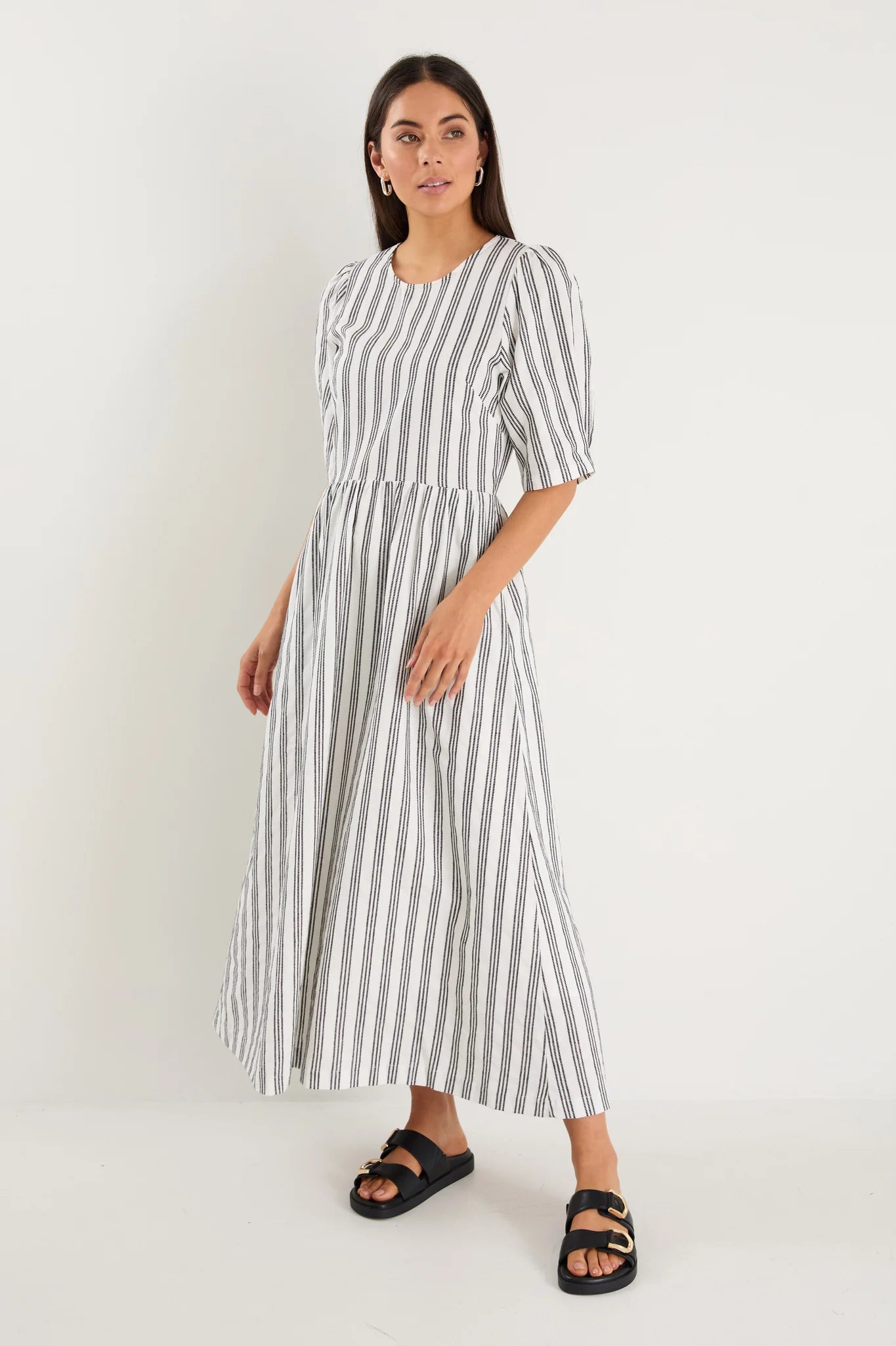 RE:UNION THE LABEL HEMISPHERE IVORY BLACK STRIPE COTTON SHORT SLEEVE RELAXED MIDI DRESS - THE VOGUE STORE