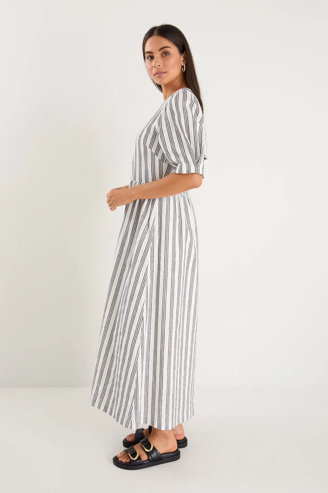 RE:UNION THE LABEL HEMISPHERE IVORY BLACK STRIPE COTTON SHORT SLEEVE RELAXED MIDI DRESS - THE VOGUE STORE