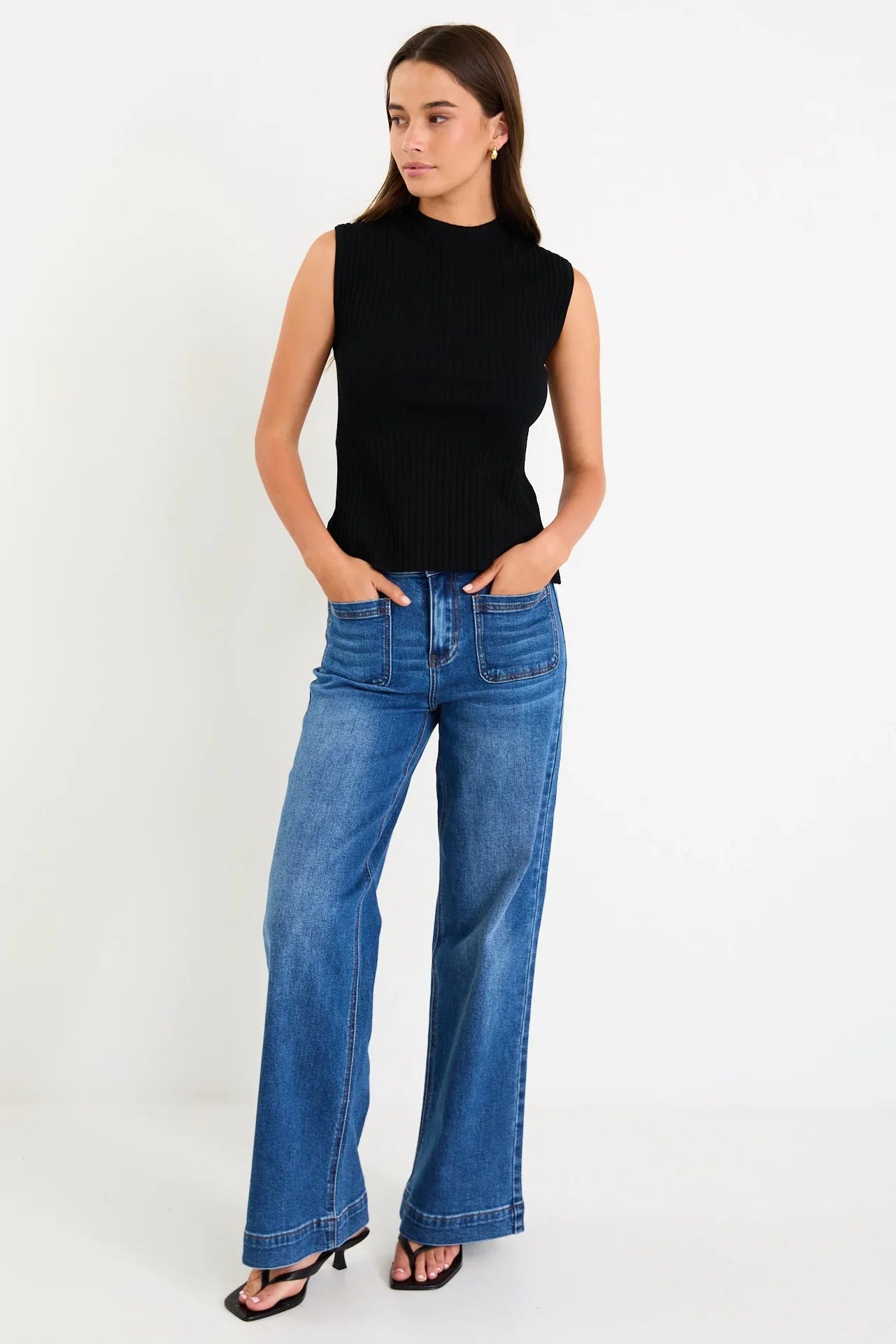 AMONG THE BRAVE HEROIC BLACK SLEEVELESS FUNNEL NECK RIB KNIT TOP - THE VOGUE STORE