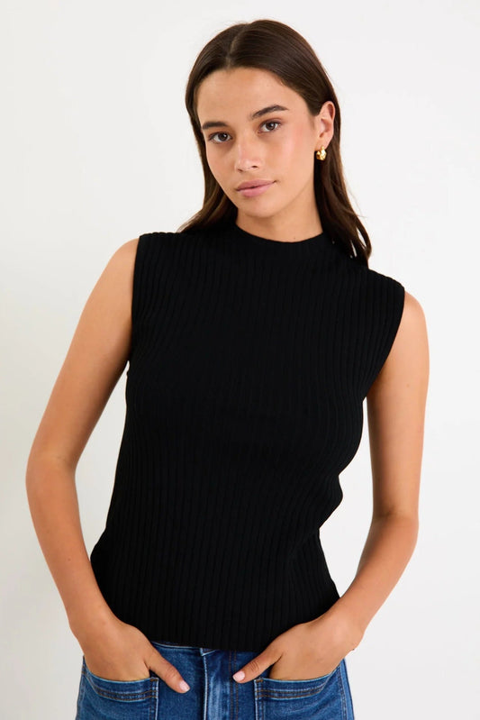 AMONG THE BRAVE HEROIC BLACK SLEEVELESS FUNNEL NECK RIB KNIT TOP - THE VOGUE STORE