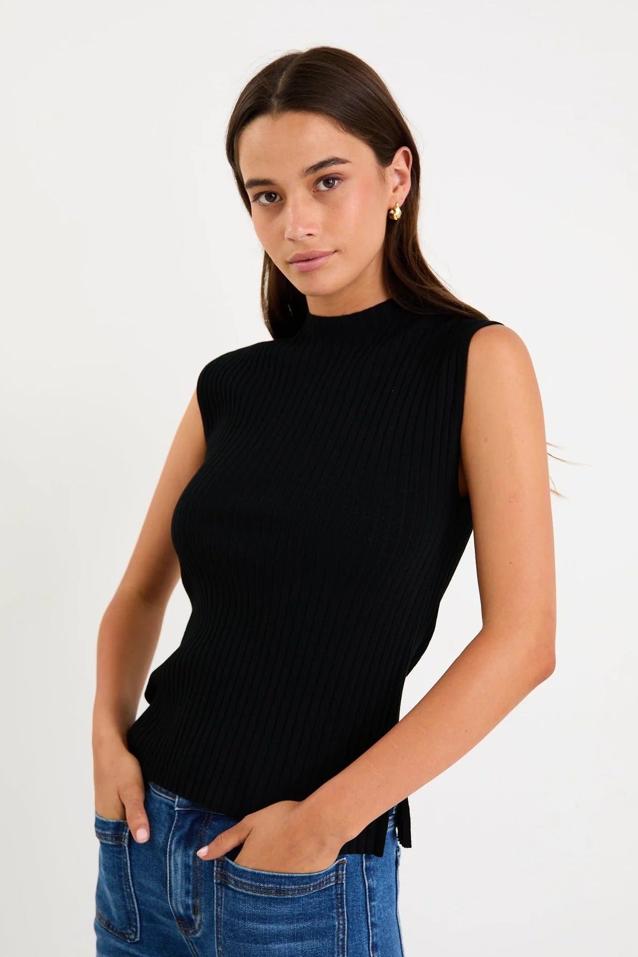 AMONG THE BRAVE HEROIC BLACK SLEEVELESS FUNNEL NECK RIB KNIT TOP - THE VOGUE STORE