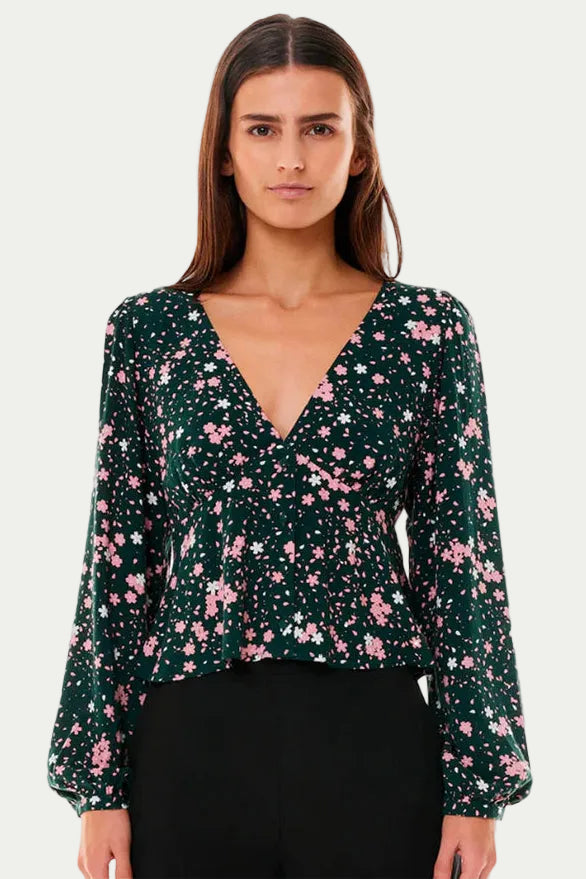 HUFFER VENICE FLORAL SHIFT LS TOP - GREEN - THE VOGUE STORE