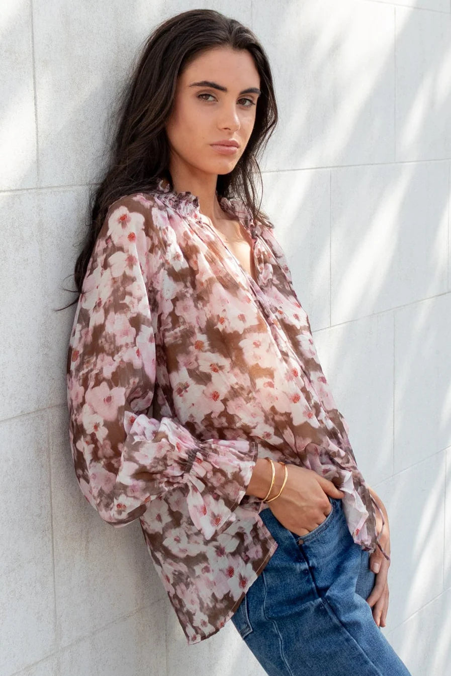 AMONG THE BRAVE ODYSSEY BLUSH CHOCOLATE FLORAL SHIRRED NECK LS TOP - THE VOGUE STORE