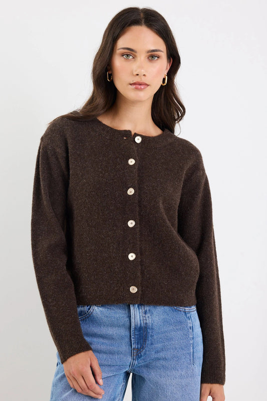 STORIES BE TOLD IMPRINT CHOCOLATE SOFT KNIT CARDIGAN - THE VOGUE STORE