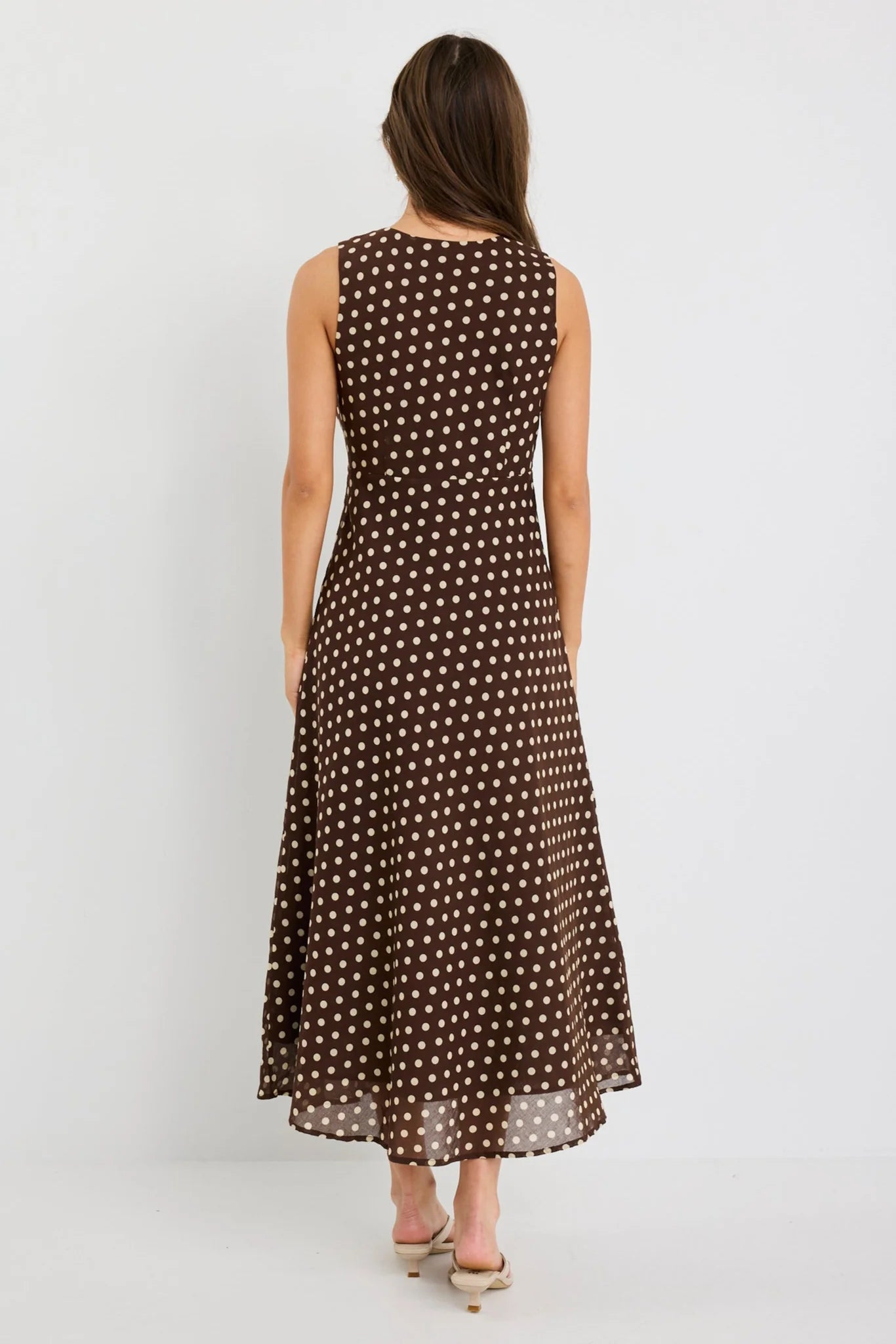 AMONG THE BRAVE INFINITY CHOCOLATE POLKA DOT SLEEVELESS BIAS MIDI DRESS - THE VOGUE STORE