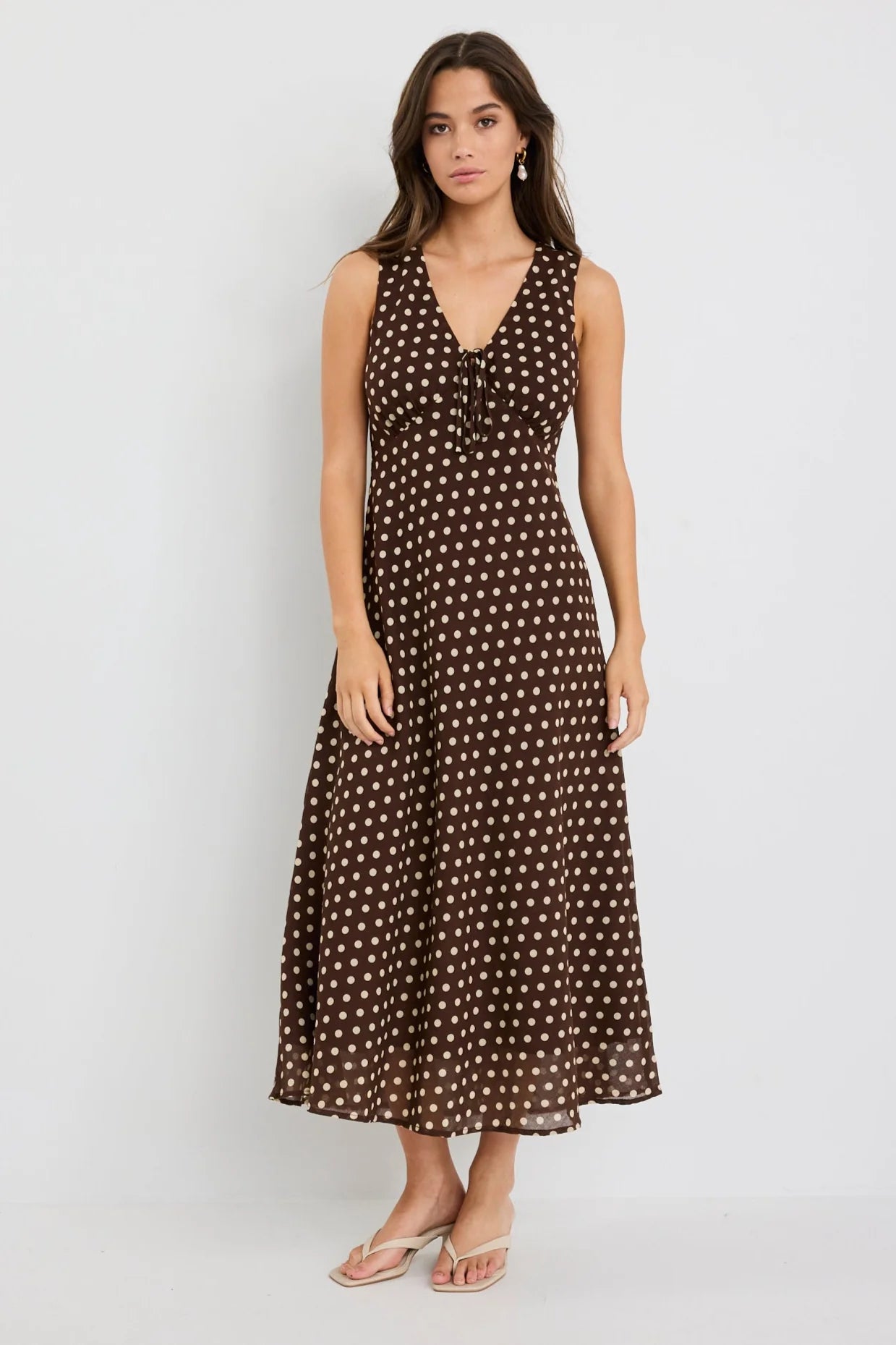 AMONG THE BRAVE INFINITY CHOCOLATE POLKA DOT SLEEVELESS BIAS MIDI DRESS - THE VOGUE STORE