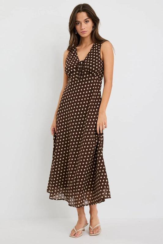 AMONG THE BRAVE INFINITY CHOCOLATE POLKA DOT SLEEVELESS BIAS MIDI DRESS - THE VOGUE STORE