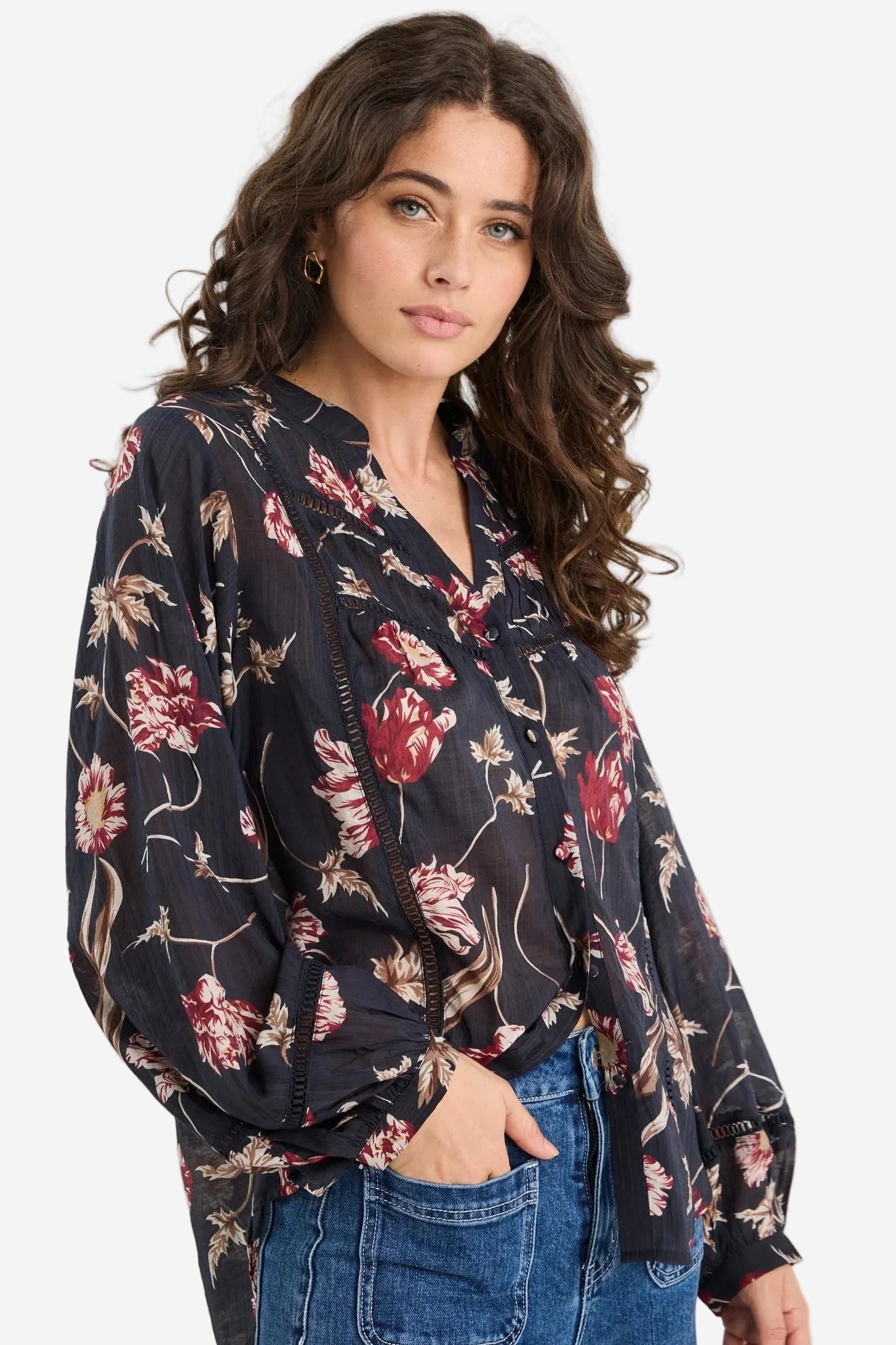 IVY + JACK INSTRUMENTAL BLACK WILDFLOWERS LACE INSERT PINTUCK LONG SLEEVE SHIRT - THE VOGUE STORE