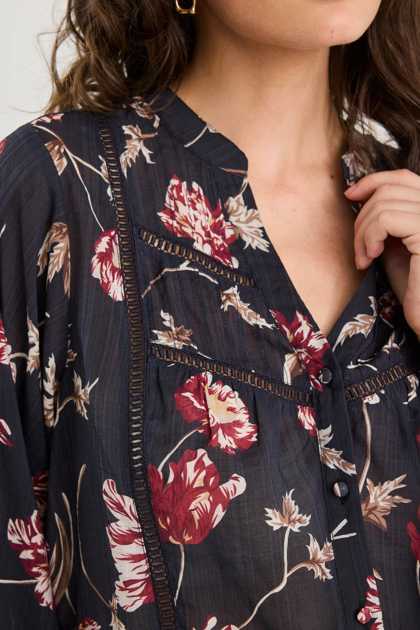 IVY + JACK INSTRUMENTAL BLACK WILDFLOWERS LACE INSERT PINTUCK LONG SLEEVE SHIRT - THE VOGUE STORE