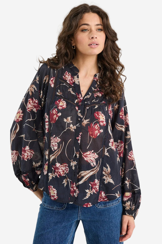 IVY + JACK INSTRUMENTAL BLACK WILDFLOWERS LACE INSERT PINTUCK LONG SLEEVE SHIRT - THE VOGUE STORE