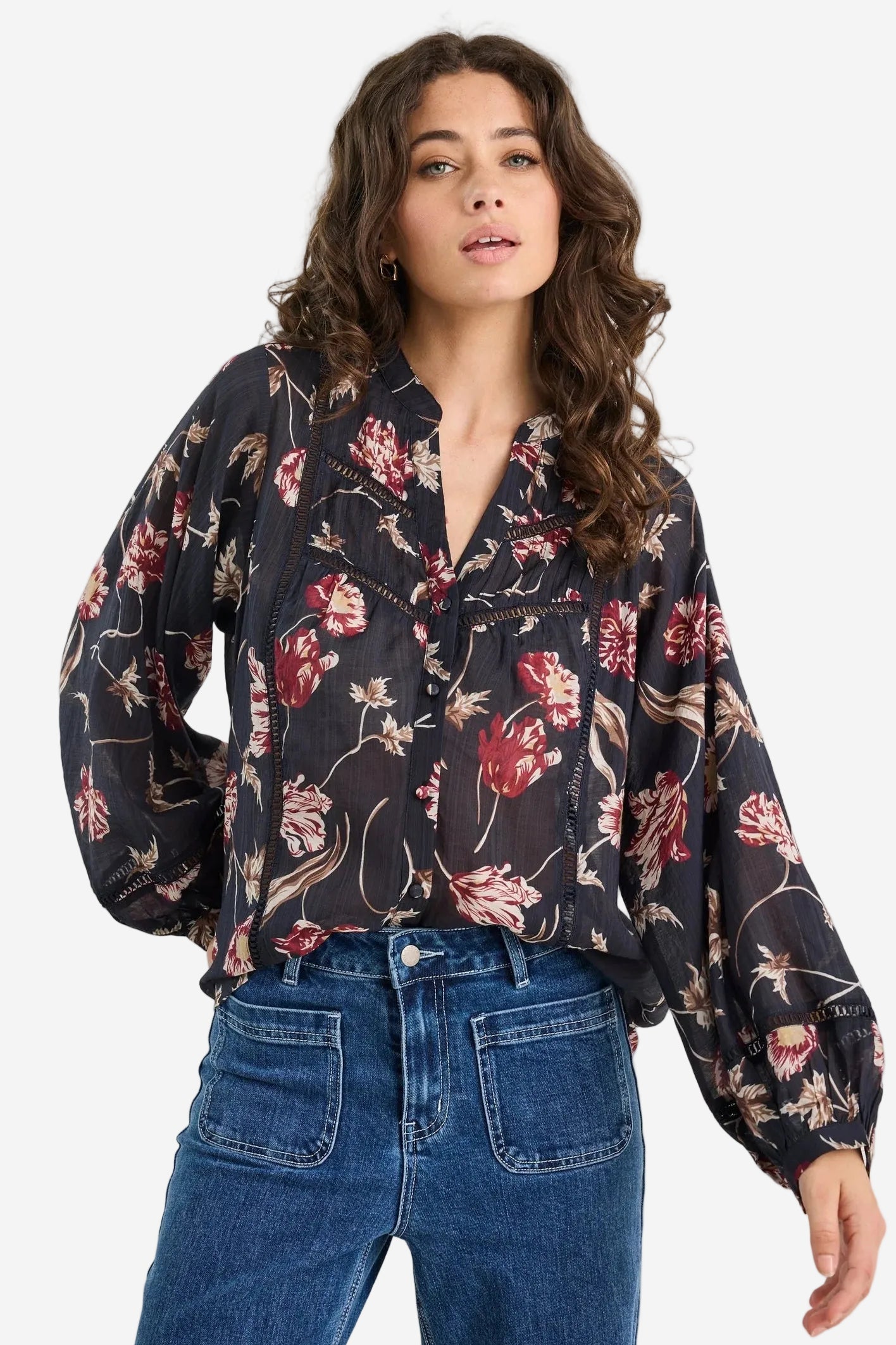 IVY + JACK INSTRUMENTAL BLACK WILDFLOWERS LACE INSERT PINTUCK LONG SLEEVE SHIRT - THE VOGUE STORE