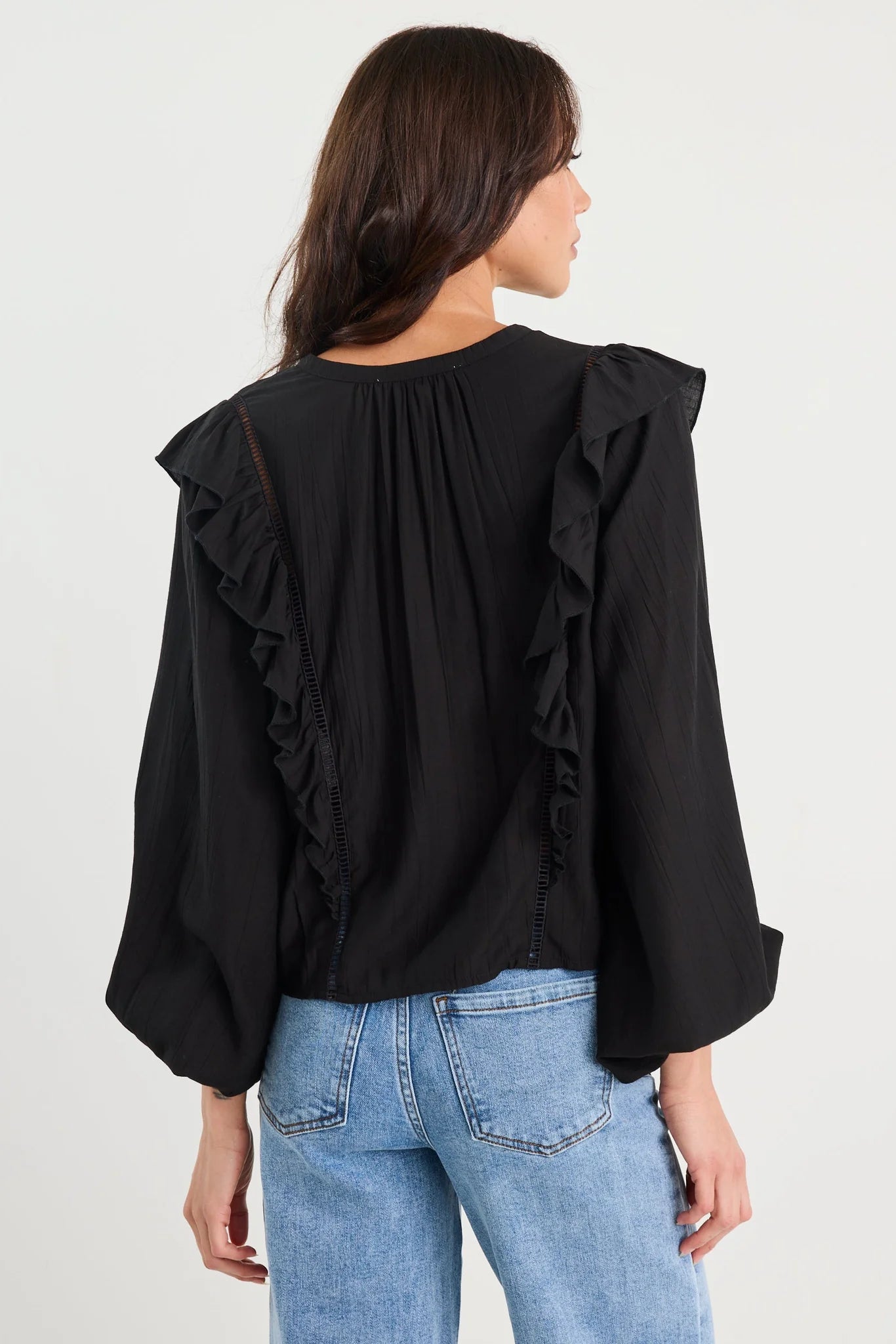 IVY + JACK INTEGRITY BLACK SHEER FRILL DETAIL LONG SLEEVE TOP - THE VOGUE STORE