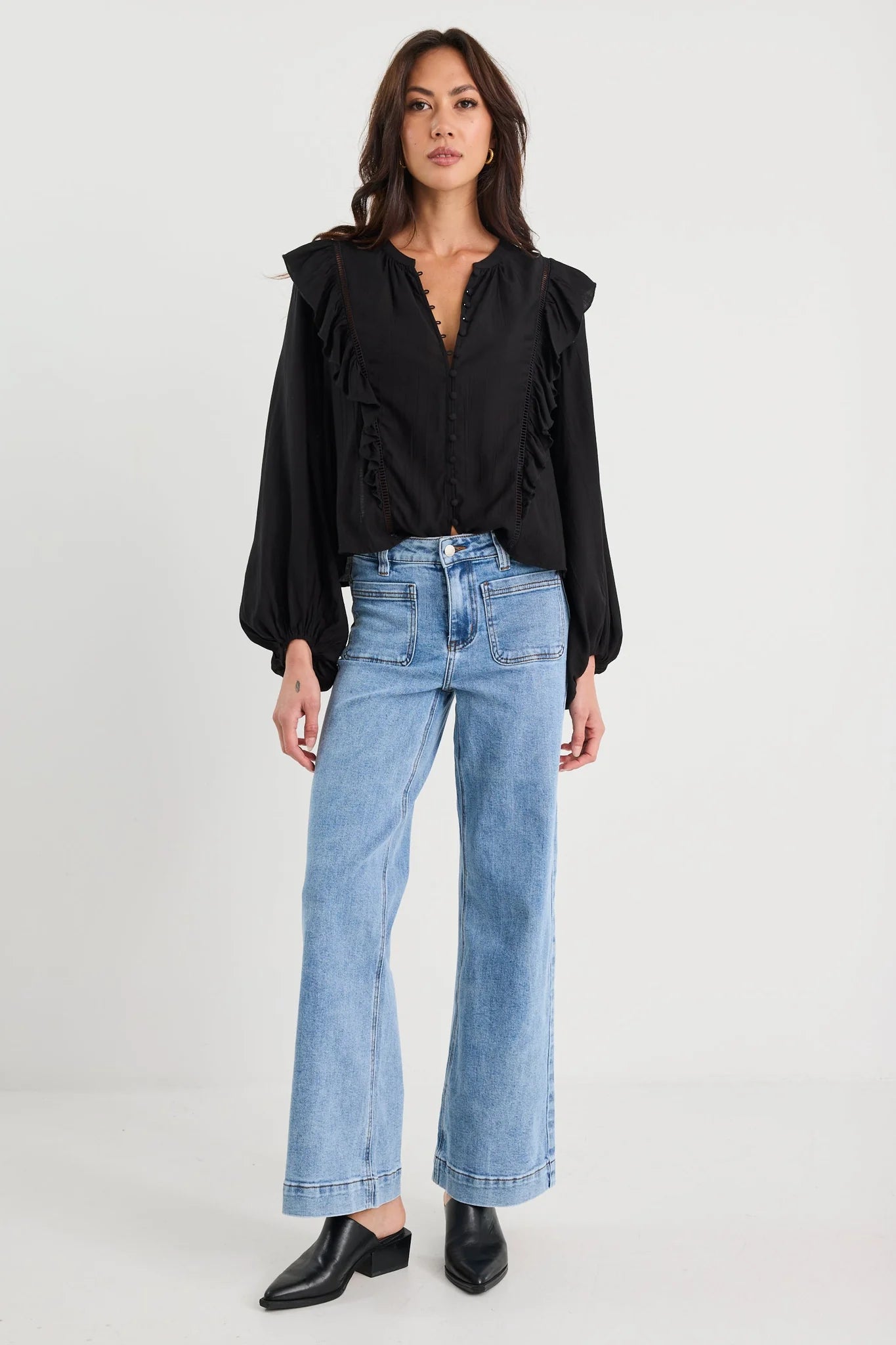IVY + JACK INTEGRITY BLACK SHEER FRILL DETAIL LONG SLEEVE TOP - THE VOGUE STORE