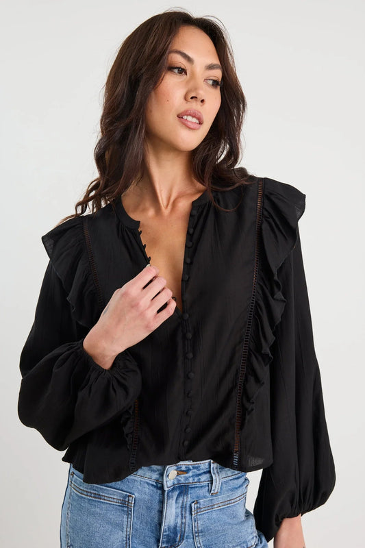 IVY + JACK INTEGRITY BLACK SHEER FRILL DETAIL LONG SLEEVE TOP - THE VOGUE STORE