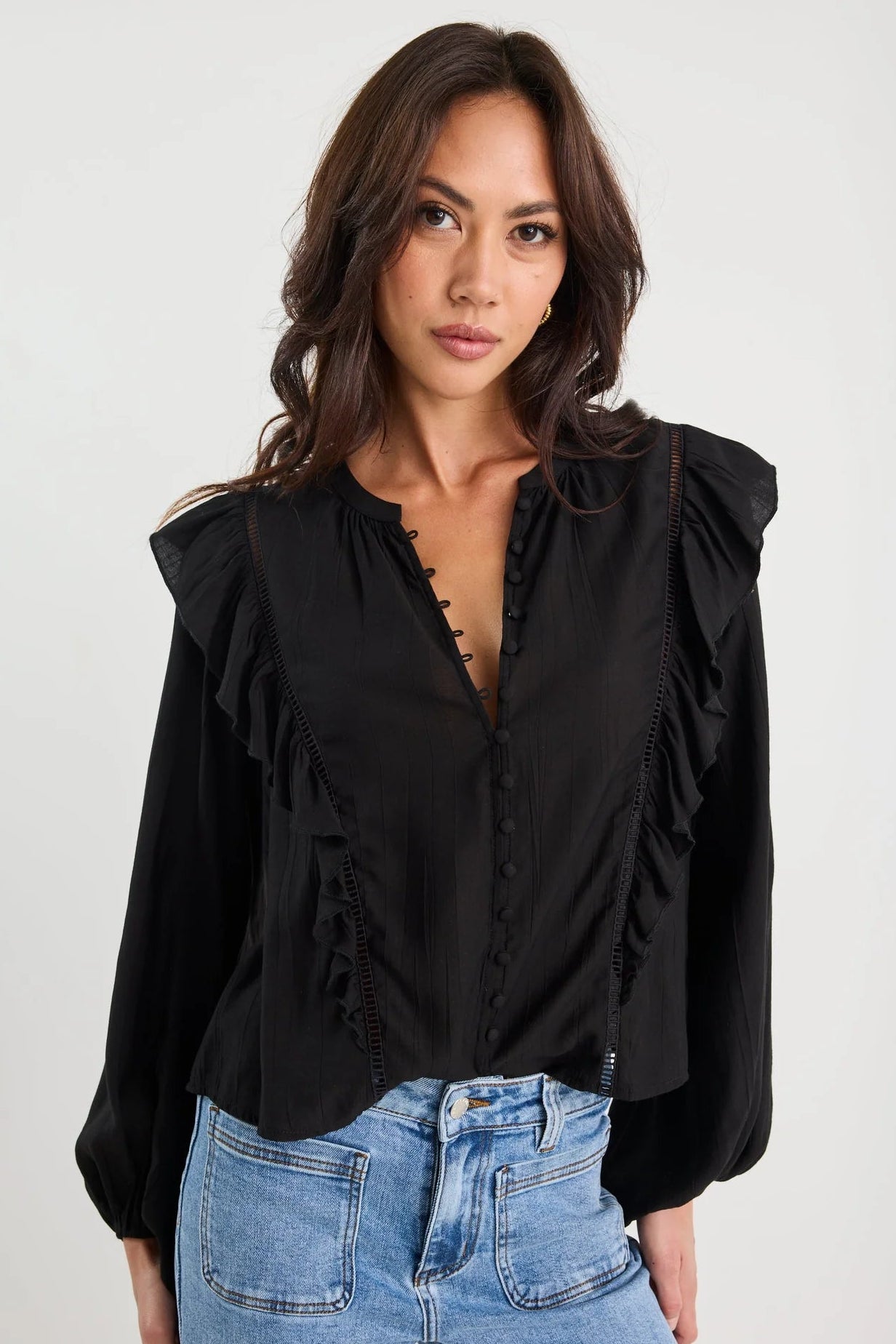 IVY + JACK INTEGRITY BLACK SHEER FRILL DETAIL LONG SLEEVE TOP - THE VOGUE STORE