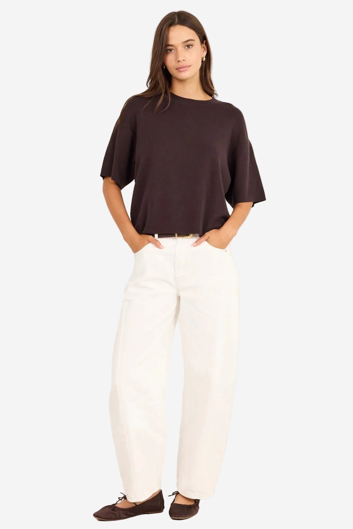 STORIES BE TOLD INTREPID CHOCOLATE BROWN KNIT BOXY TEE - THE VOGUE STORE