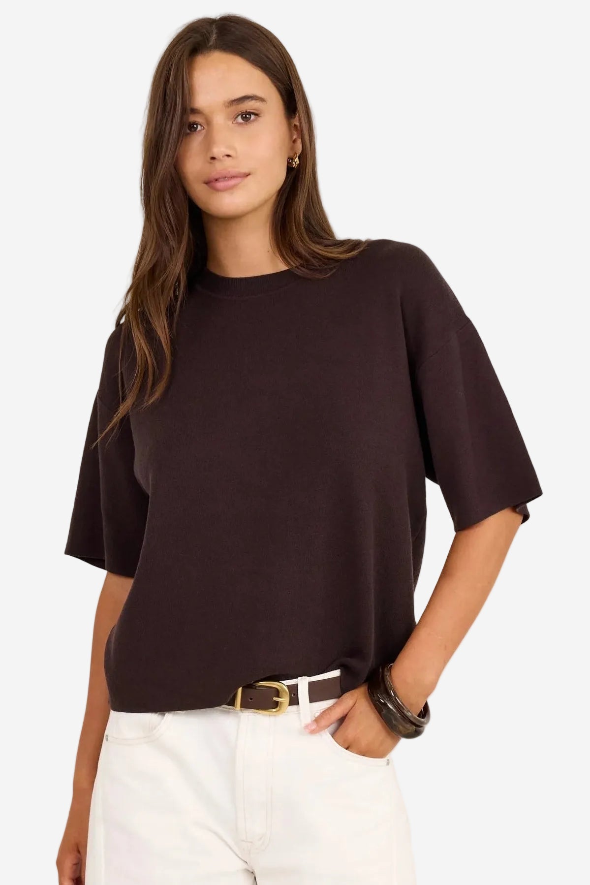 STORIES BE TOLD INTREPID CHOCOLATE BROWN KNIT BOXY TEE - THE VOGUE STORE