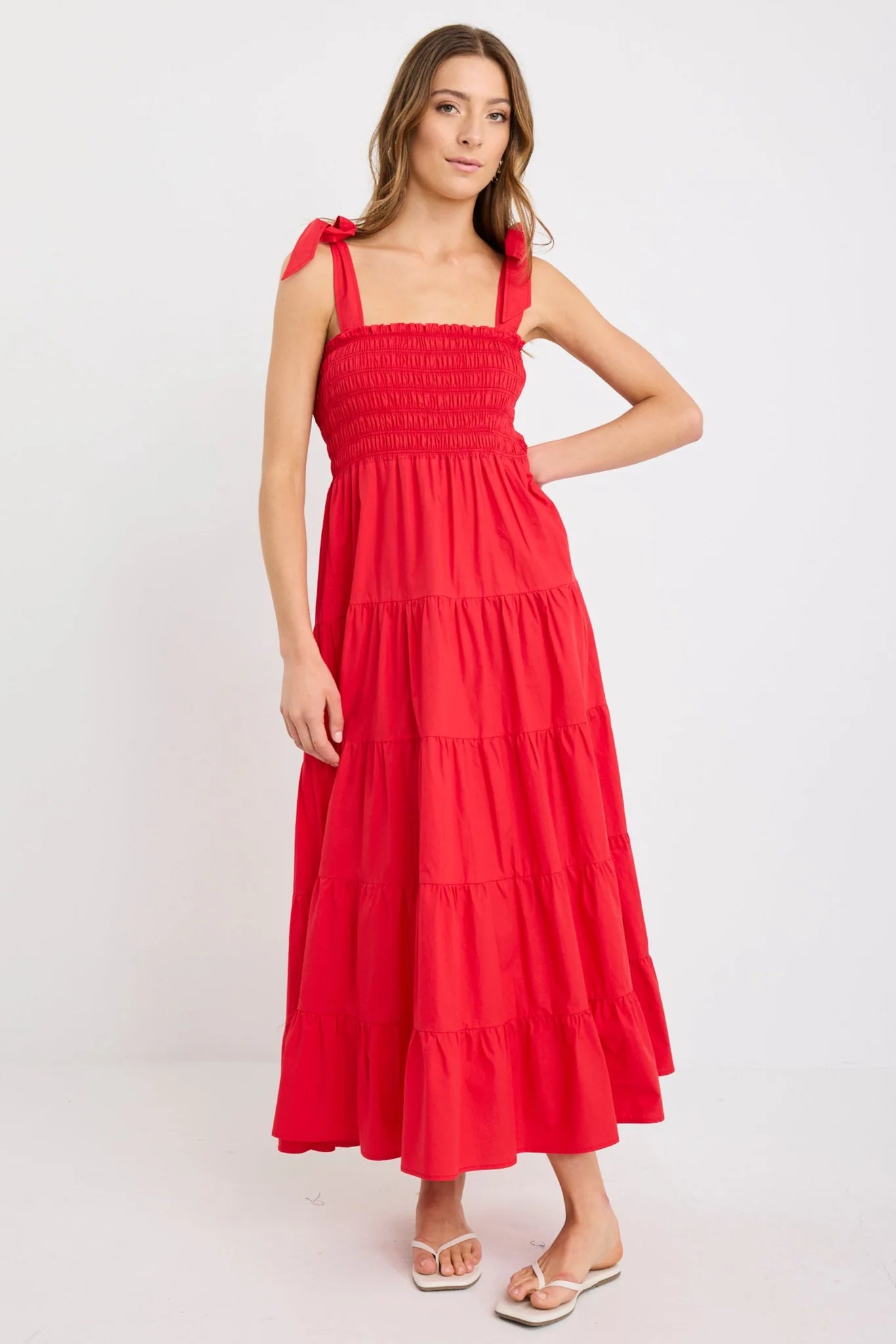 IVY + JACK ISABELLA CHERRY RED COTTON POPLIN STRAPPY TIERED MAXI DRESS  - THE VOGUE STORE