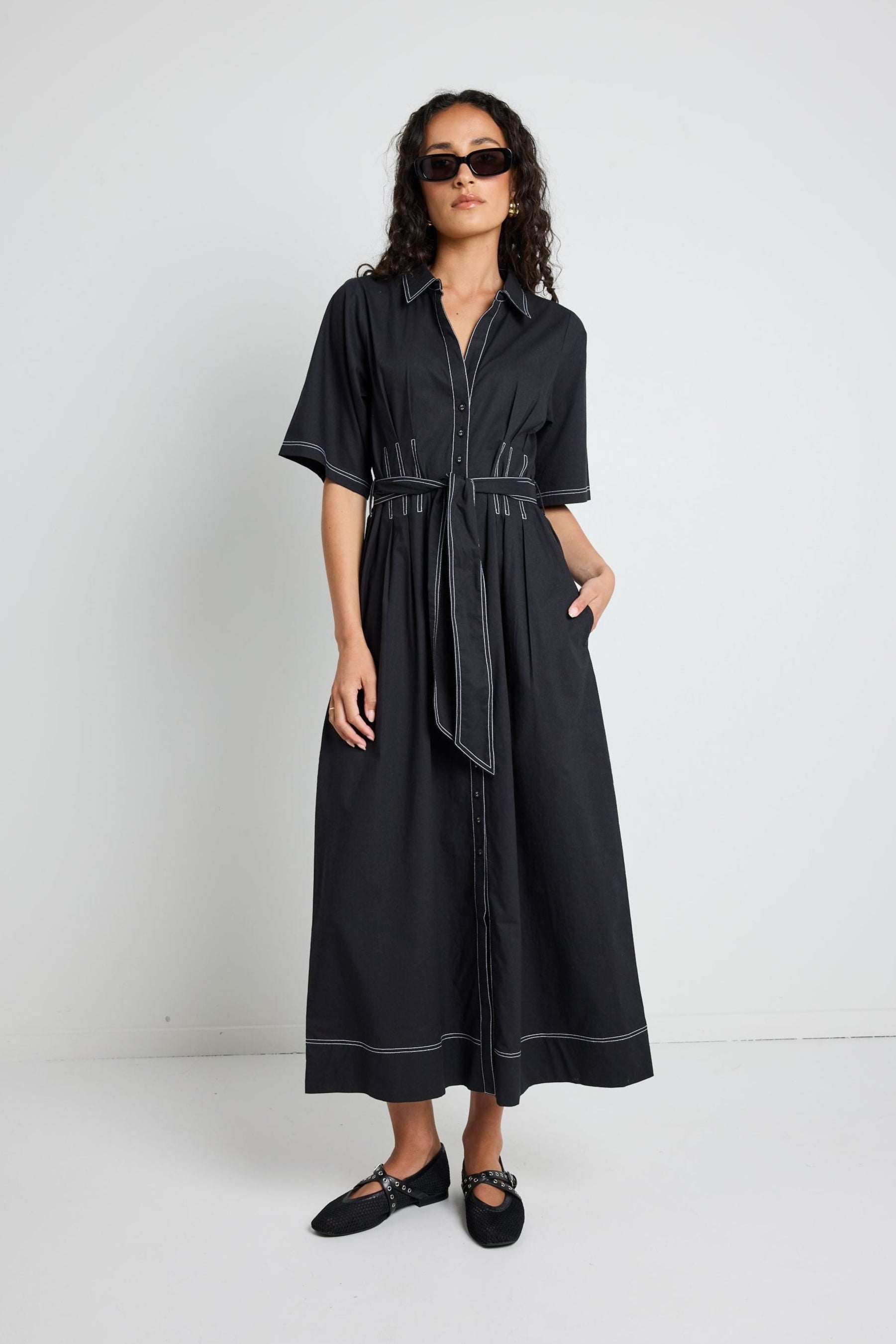 AMONG THE BRAVE SERVICE BLACK COTTON SHORT SLEEVE MIDI SHIRT DRESS - THE VOGUE STORE