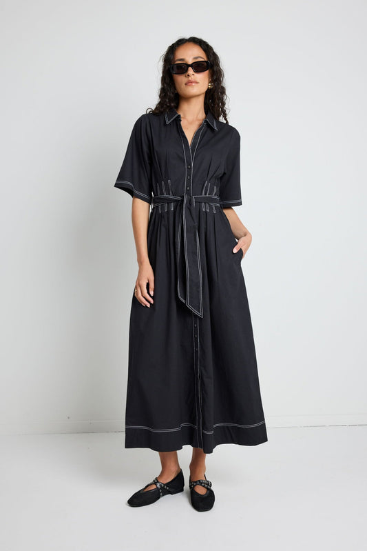 AMONG THE BRAVE SERVICE BLACK COTTON SHORT SLEEVE MIDI SHIRT DRESS - THE VOGUE STORE