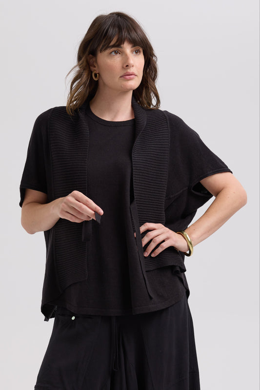 LD & CO LINEN TIE CARDI - BLACK - THE VOGUE STORE