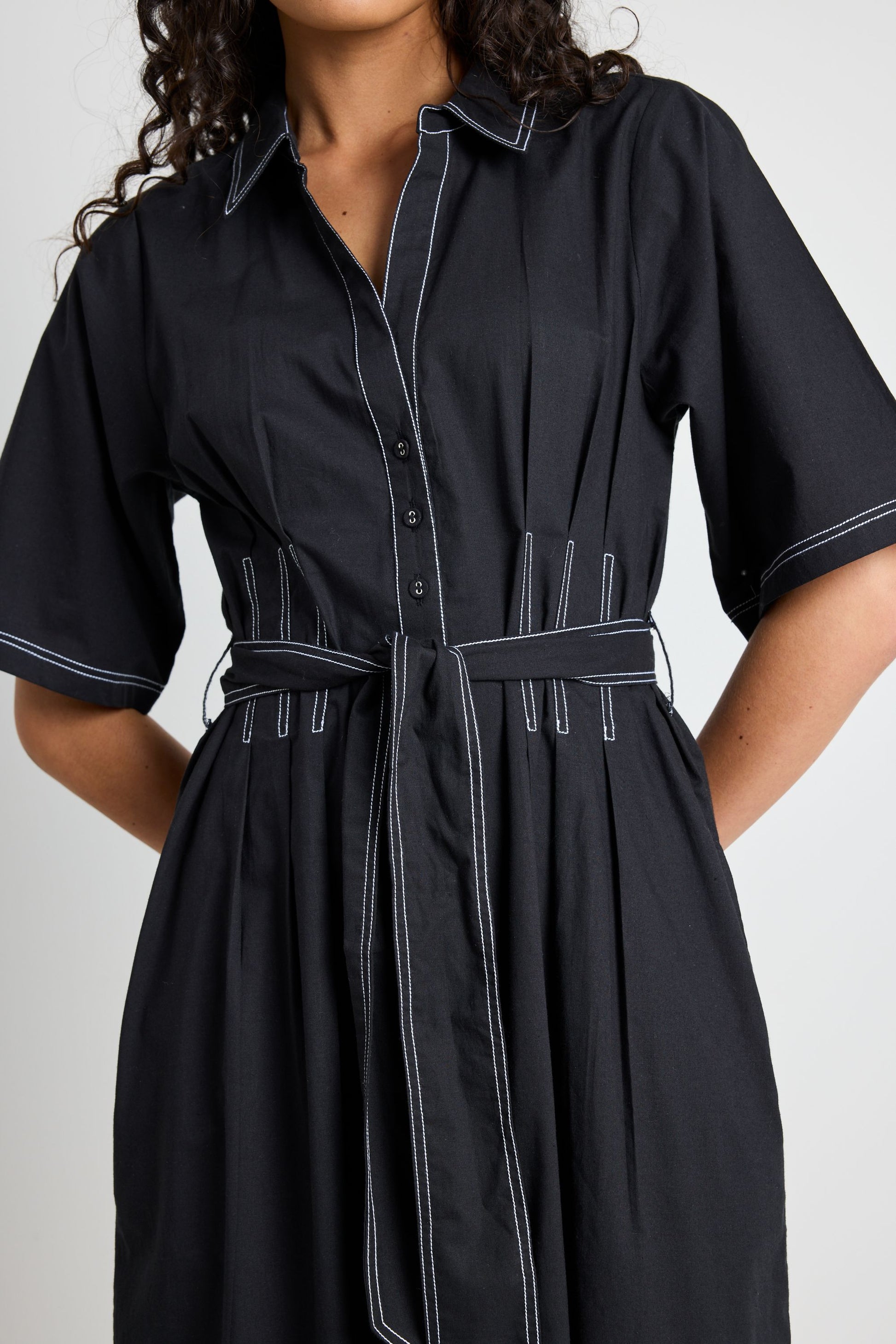 AMONG THE BRAVE SERVICE BLACK COTTON SHORT SLEEVE MIDI SHIRT DRESS - THE VOGUE STORE