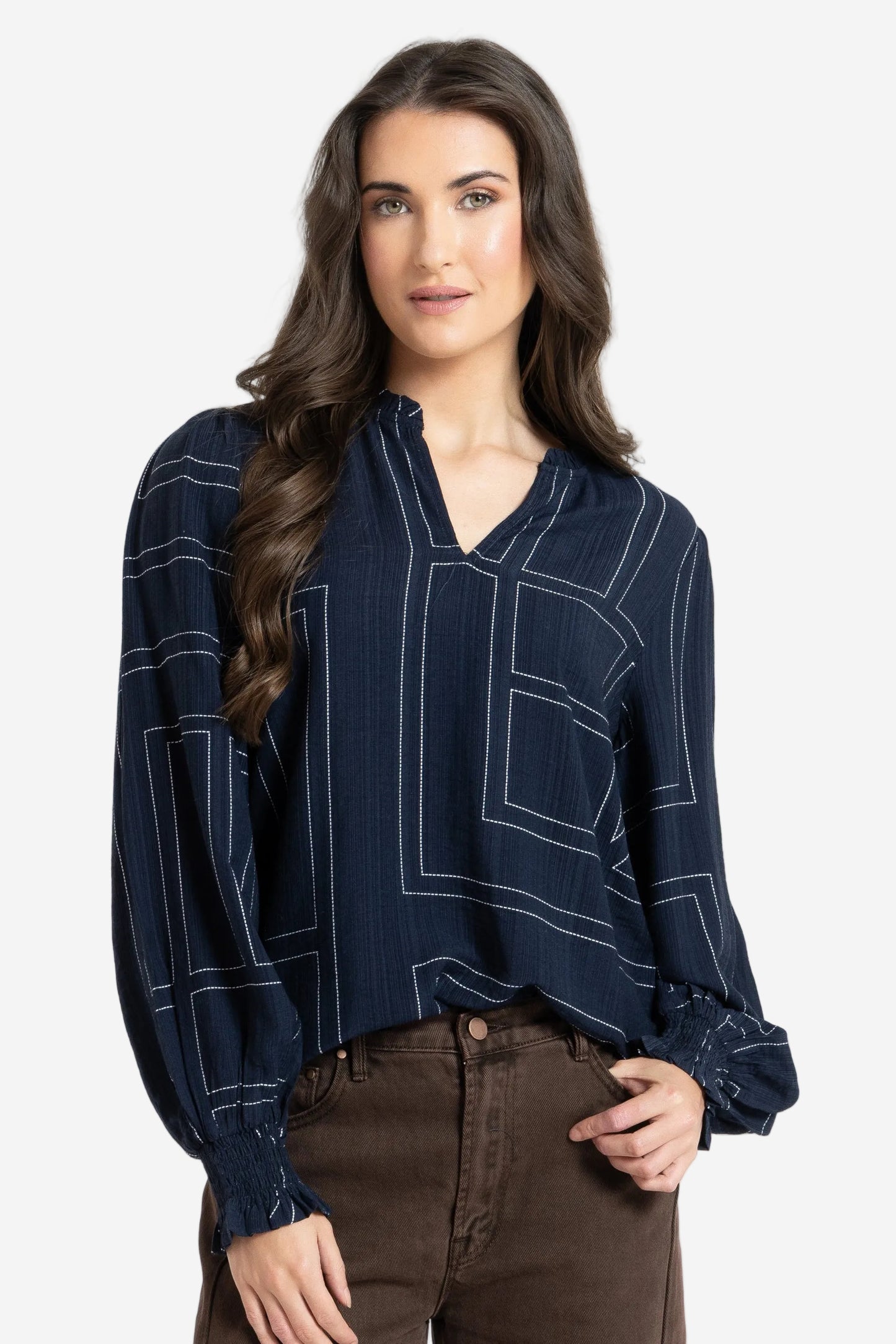 LEILA + LUCA MOVEMENT BLOUSE - NAVY GEO - THE VOGUE STORE