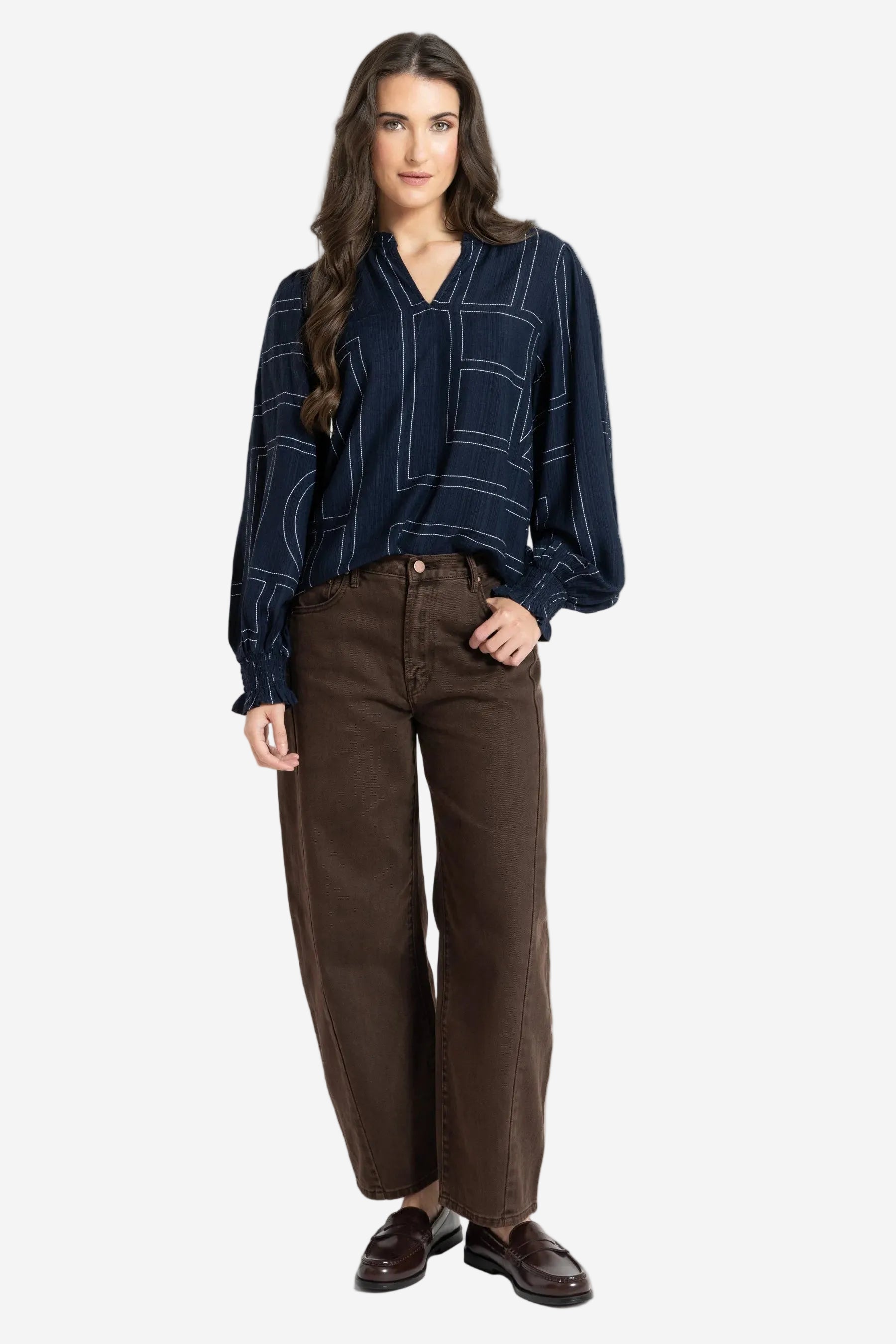 LEILA + LUCA MOVEMENT BLOUSE - NAVY GEO - THE VOGUE STORE