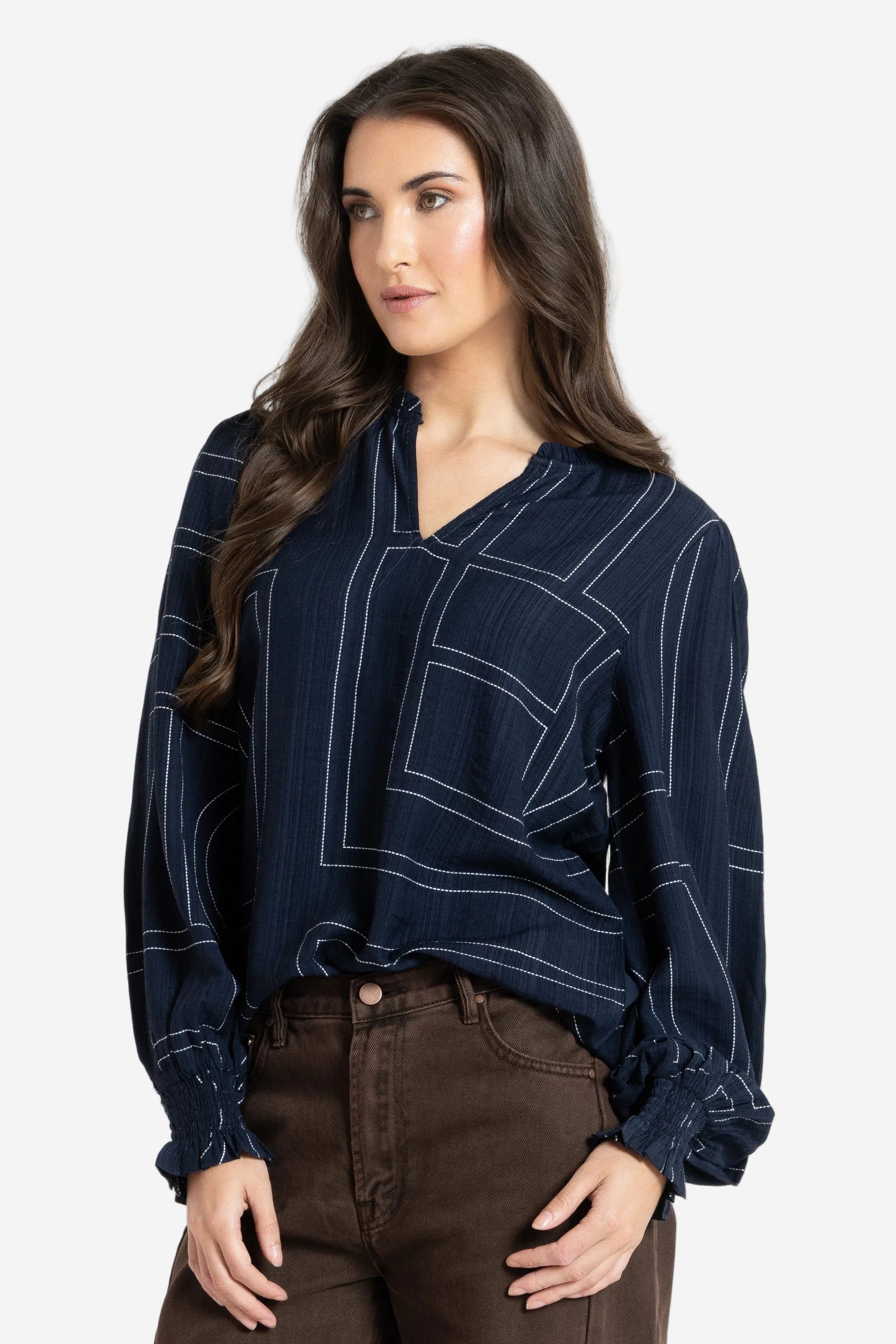 LEILA + LUCA MOVEMENT BLOUSE - NAVY GEO - THE VOGUE STORE