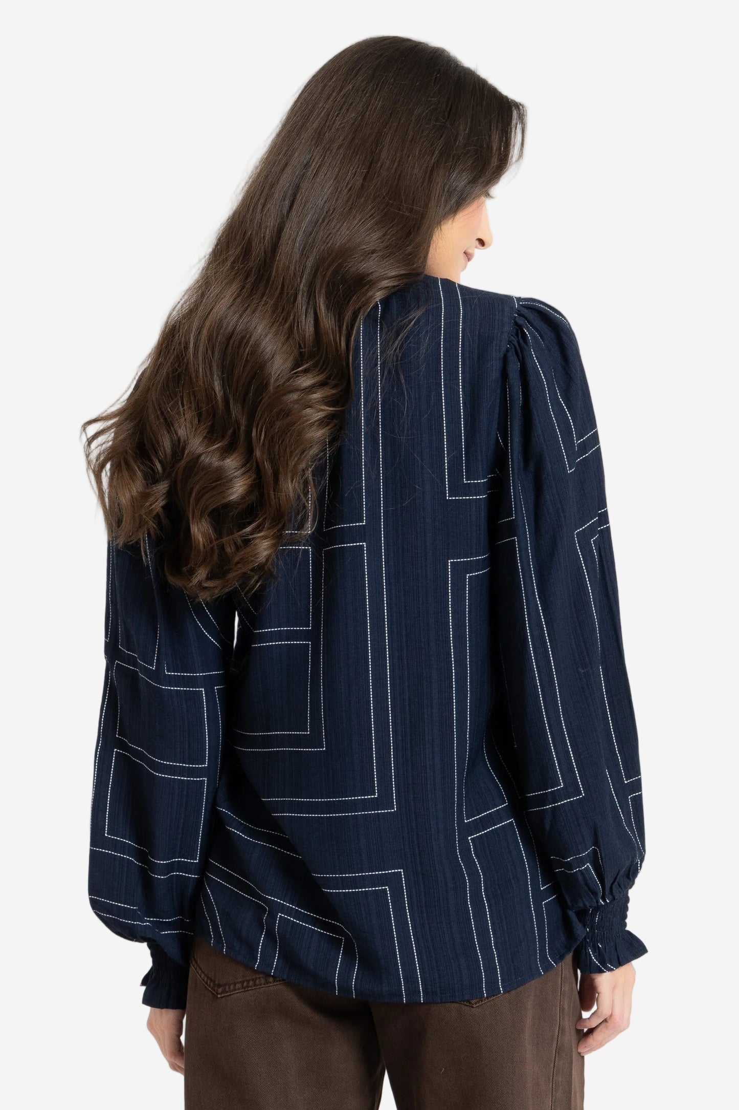 LEILA + LUCA MOVEMENT BLOUSE - NAVY GEO - THE VOGUE STORE