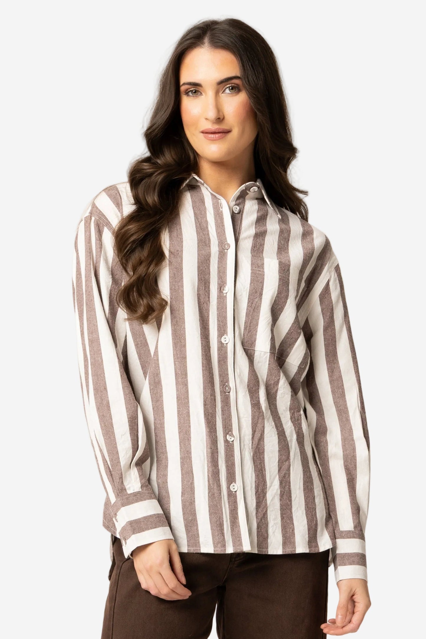 LEILA + LUCA ESSENTIAL SHIRT - BRUNETTE STRIPE - THE VOGUE STORE