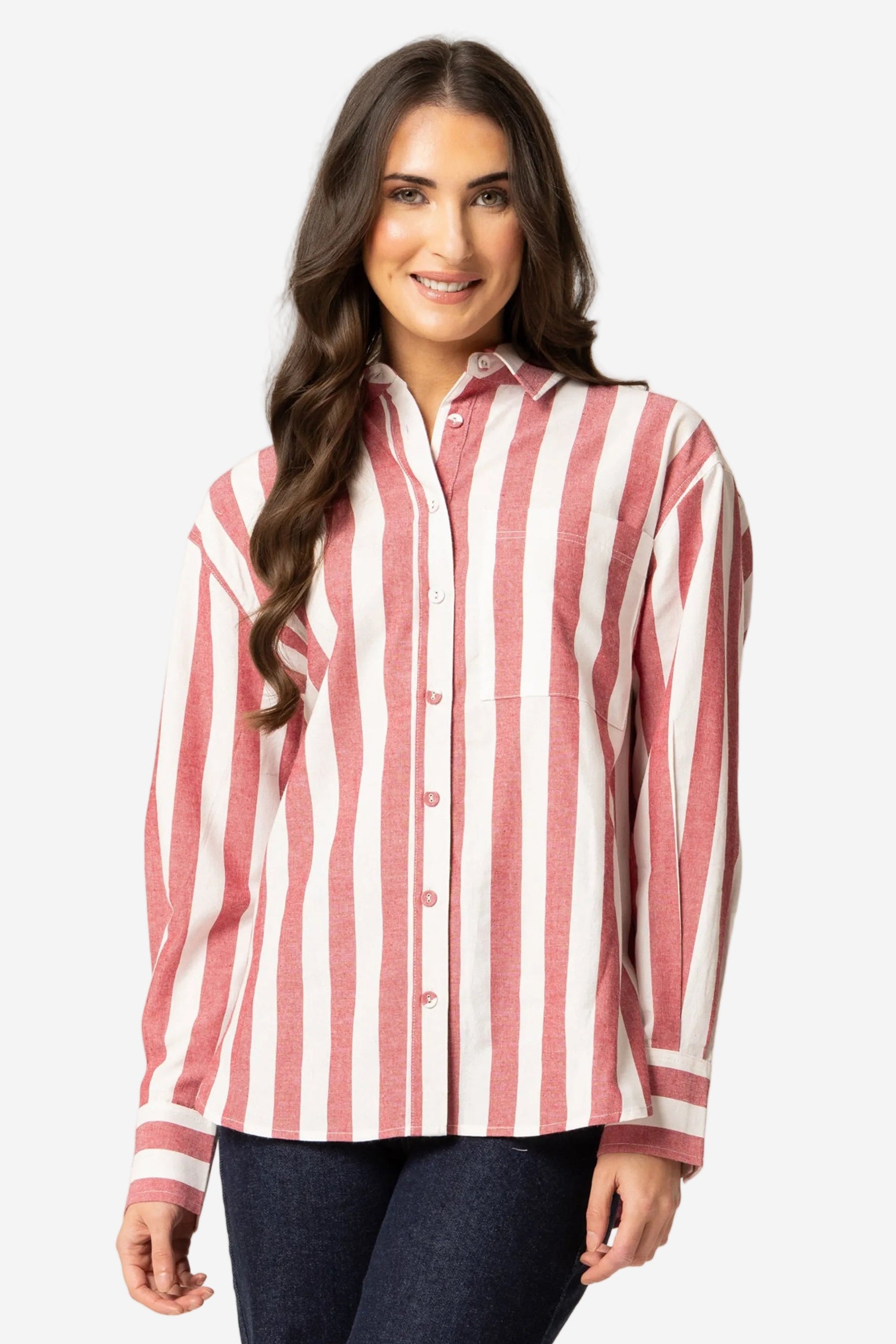 LEILA + LUCA ESSENTIAL SHIRT - RUBY STRIPE - THE VOGUE STORE 