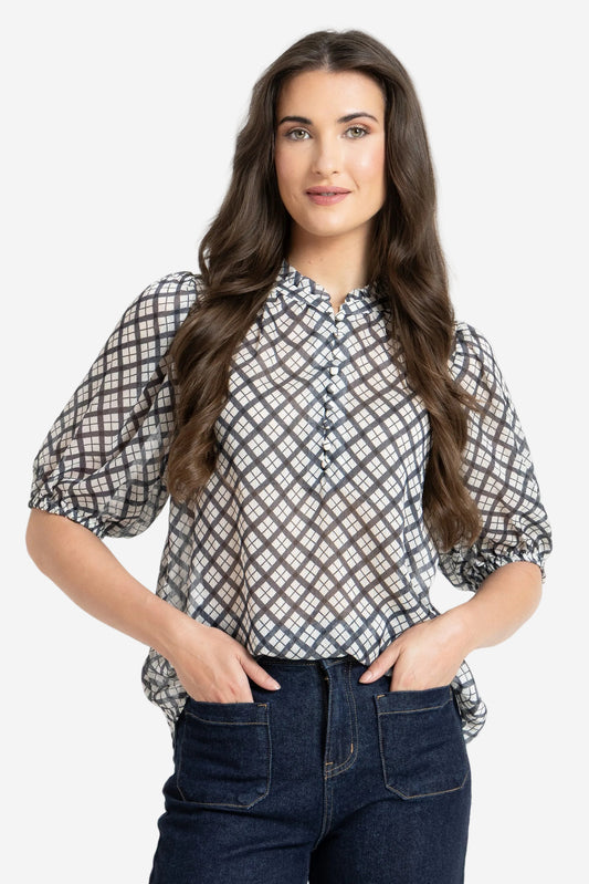 LEILA + LUCA NINA BLOUSE - INK CHECK - THE VOGUE STORE