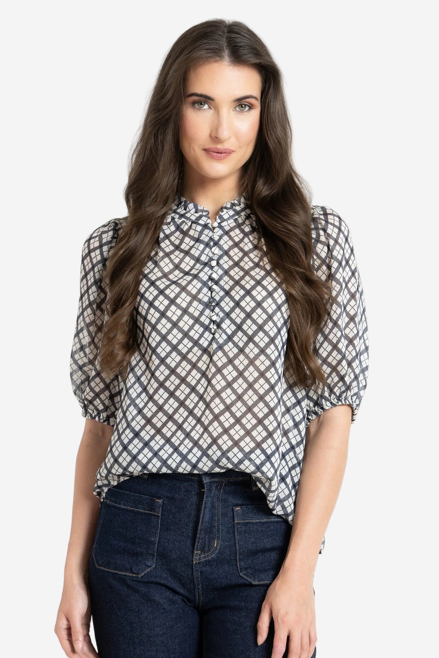 LEILA + LUCA NINA BLOUSE - INK CHECK - THE VOGUE STORE