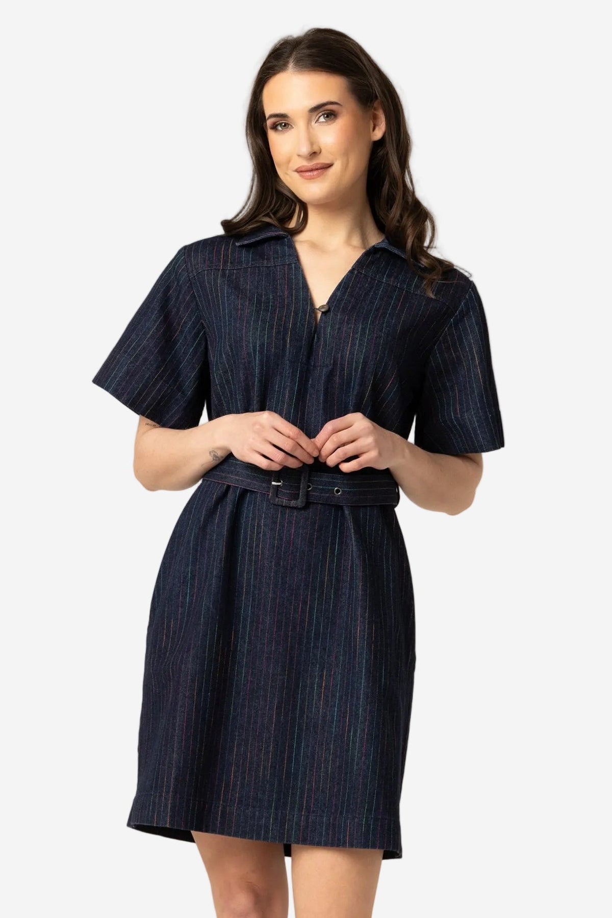 LEILA + LUCA DENIM MINI DRESS - COLOURFUL STRIPE - THE VOGUE STORE