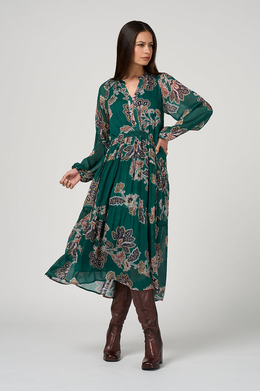 LOOBIES STORY VERSAILLES MIDI DRESS - EVERGREEN MULTI - THE VOGUE STORE