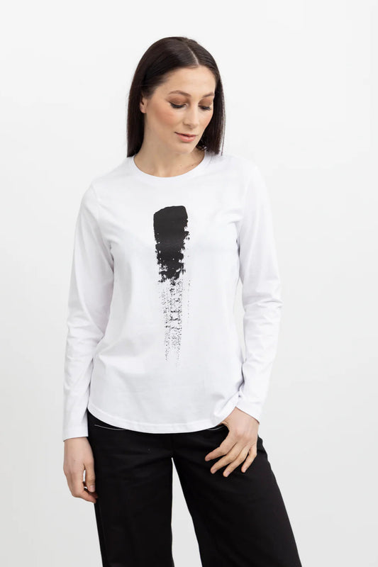 STYLE XLAB LINE BRUSH STROKE TEE - WHITE/BLACK PRINT - THE VOGUE STORE