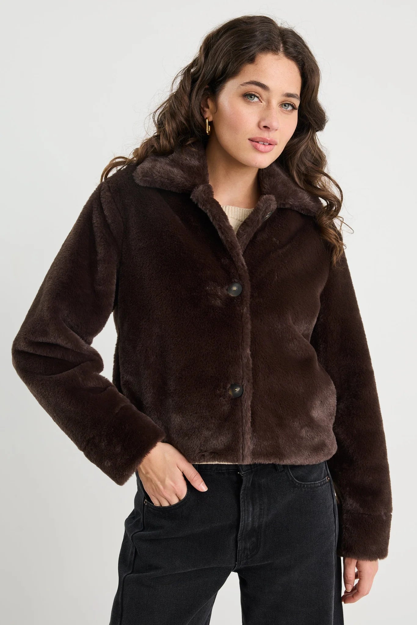 STORIES BE TOLD LODGE CHOCOLATE FAUX FUR JACKET - THE VOGUE STORE